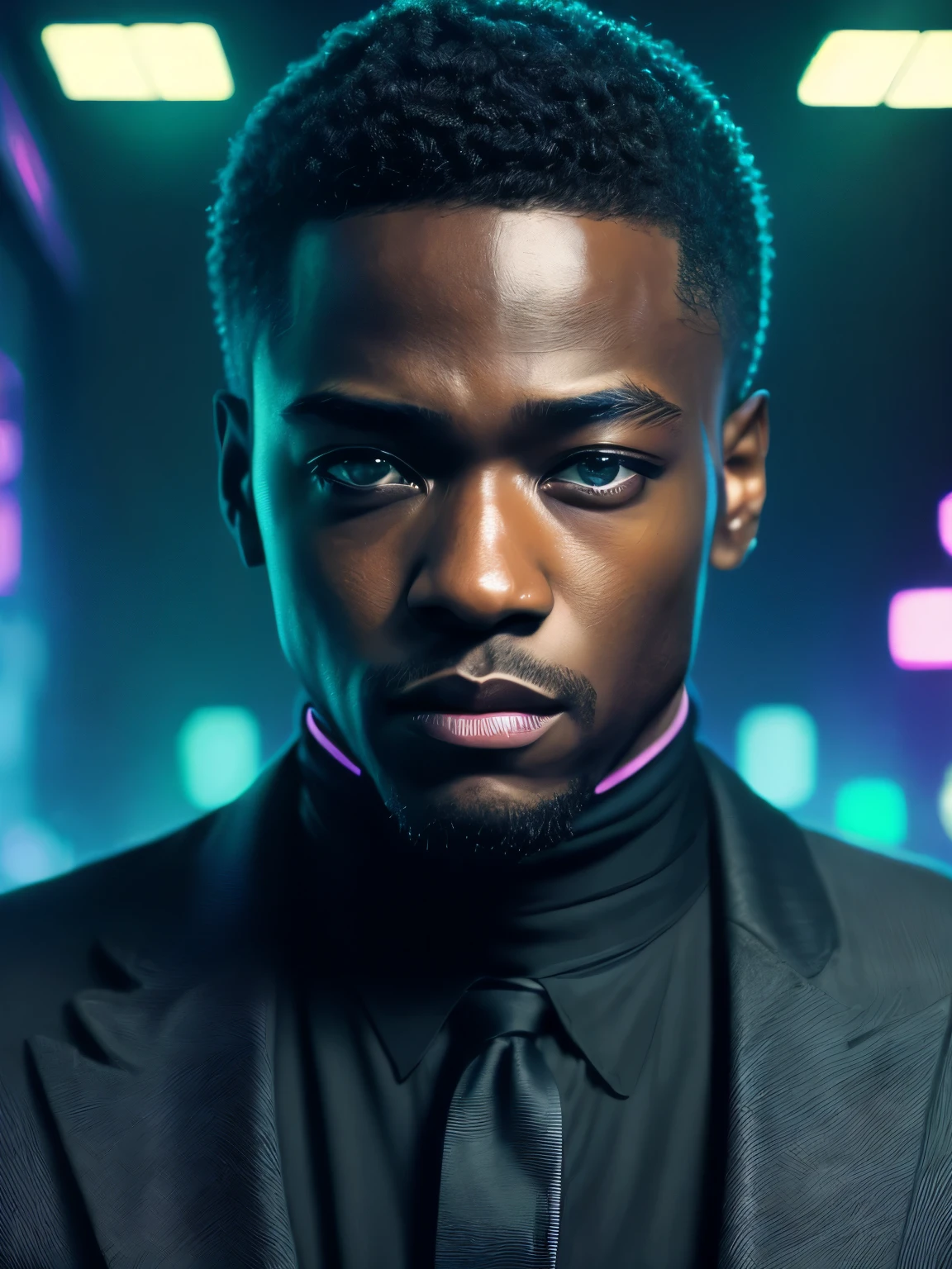 macro crisp quality, face front, front facing close up portraint, of cyberpunk brutal black man wearing a black business suit with black mock turtleneck, in cyberpunk neon room, rough skin, look at a camera, glowing eyes, age 40, cinematic, dimmed colors, dark shot, muted colors, film grainy, lut, spooky