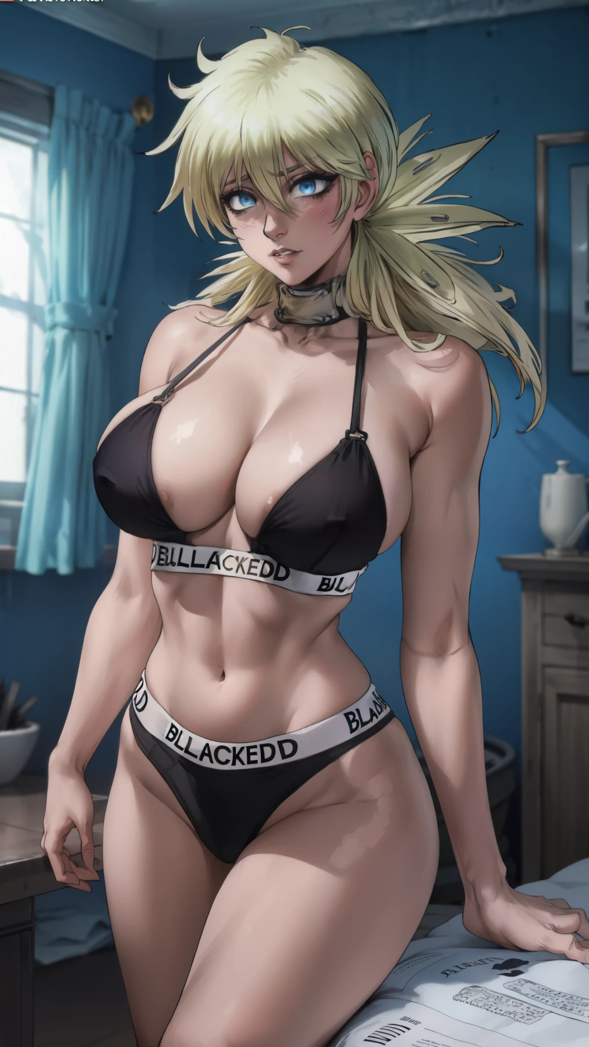 (masterpiece, highest quality, best quality, official art, beautiful and aesthetic: 1.2), (1girl), extremely detailed, (fractal art: 1.3), colorful, highest detailed, perfect face, upper body, HDR, ), vivid visual effects, (dynamic stripes, luminous traces: 1.2), long blonde hair, hellsing, integra, breast focus, breasts, large breasts, bare breasts, naked, nude, boob window, sexy, wide hips, thicc figure, Detailed blue eyes, Detailed face, Detailed eyes, BLACKED, BLACKED UNDERWEAR, BLACKED PORNO