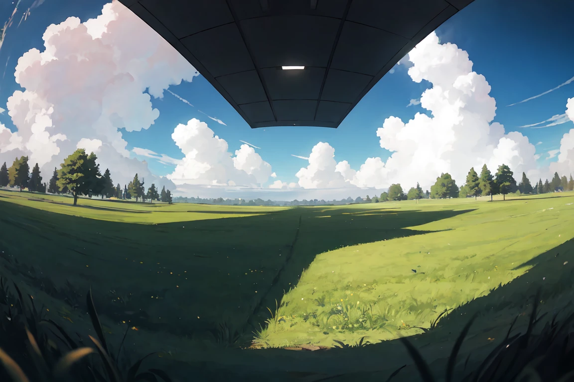[grassfield | forest], cloudy sky, viewed from front, cinematic lighting, fisheye
