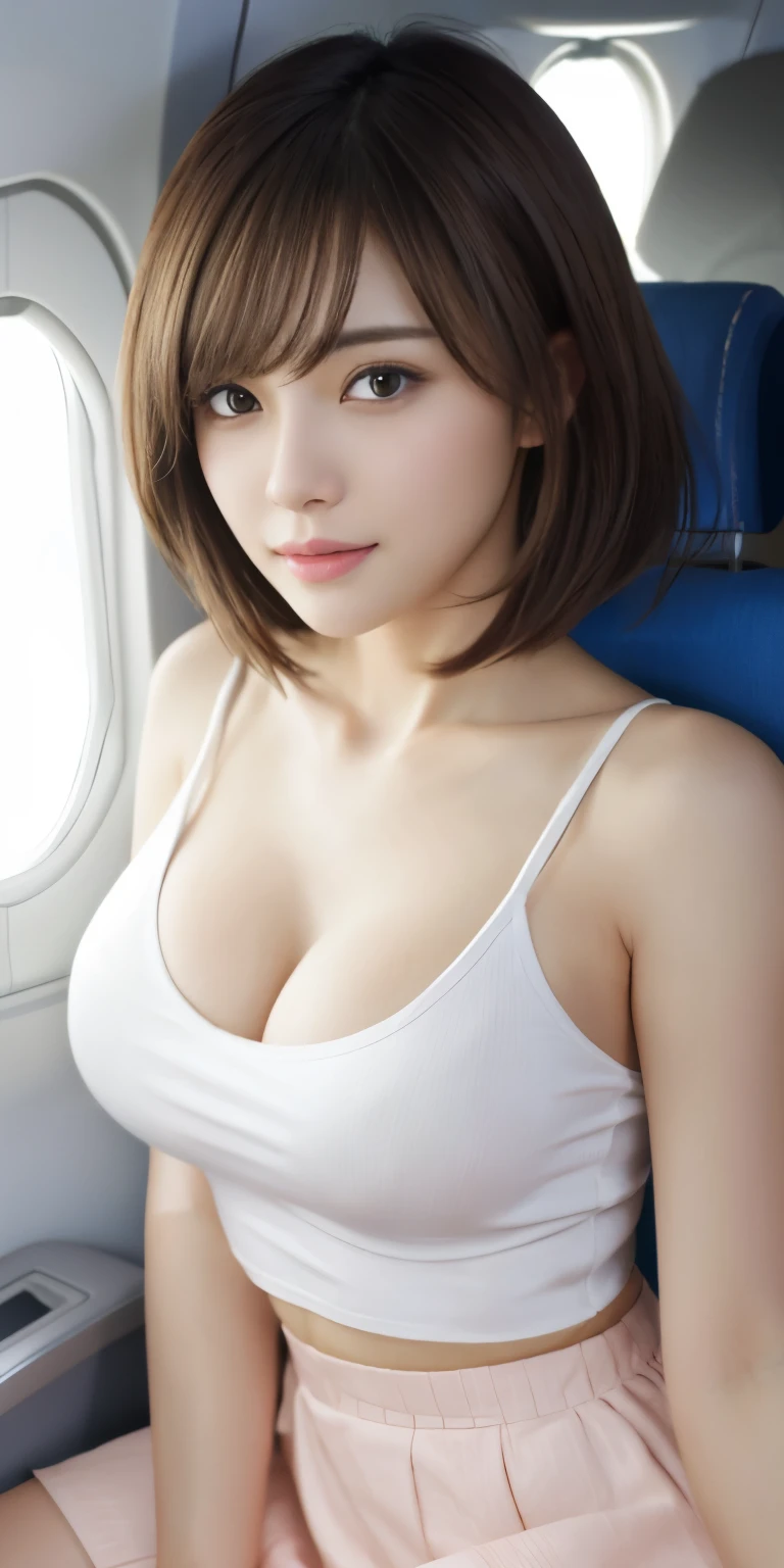 Photoreal、Masseter muscle part、highest quality、High resolution、Raw photo、realistic、bright lighting、face light、smooth professional lighting、japanese woman、Beautiful woman、modeled、gravure、sexy、super beautiful、realistic and beautiful skin、beautiful and detailed eyes、detailed face、slim、big breasts、cleavage、short hair、brunette colored hair、brown eyes、looking at camera、white camisole、Pose for a photo、mini skirt、inside the plane