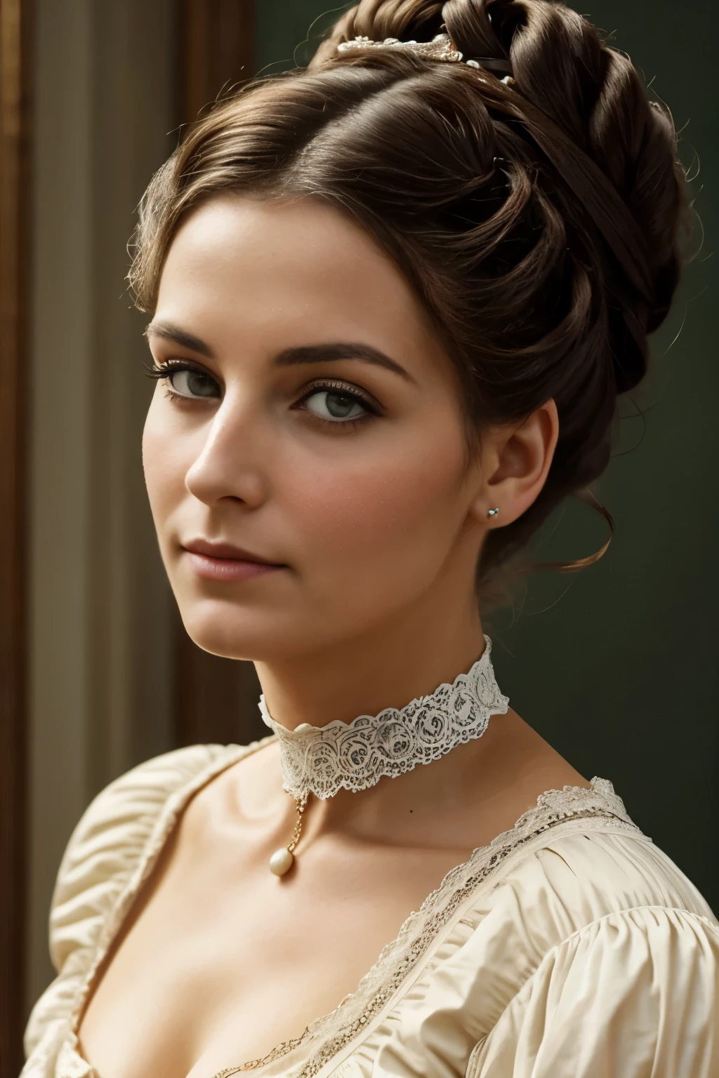 40 year old beautiful woman, Victorian era, vintage photo, perfect female face, beautiful face, Victorian dress, CHOKER, messy bun hairstyle.