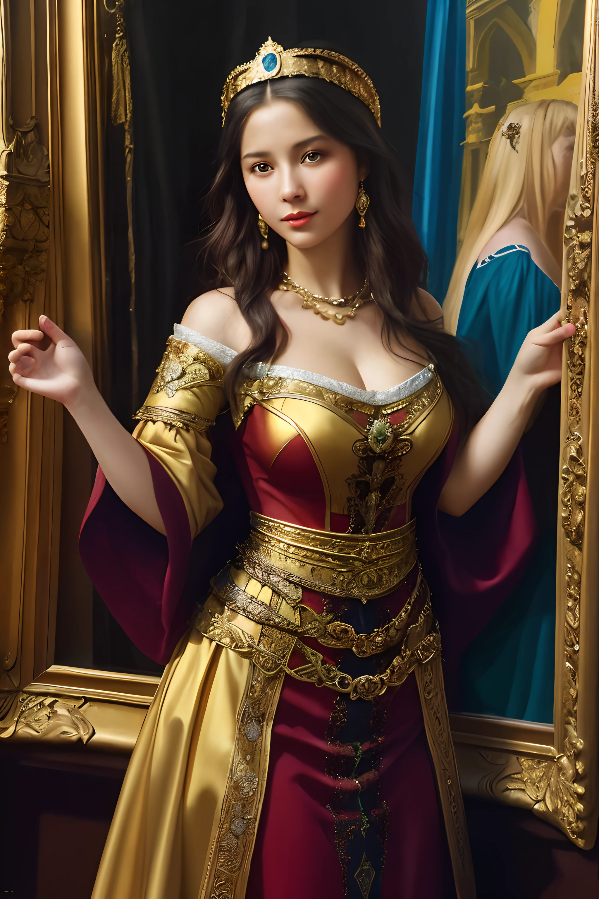 (Oil painting depicts beautiful women with fair skin), (medieval times), (classicism), Andrei Atoroshenko style, painting of a, Traditional media, Figurative, fine art, oil on the canvas, NFFSW, 8K, Original characters, A high resolution, high detal, focus onface, ((masutepiece))