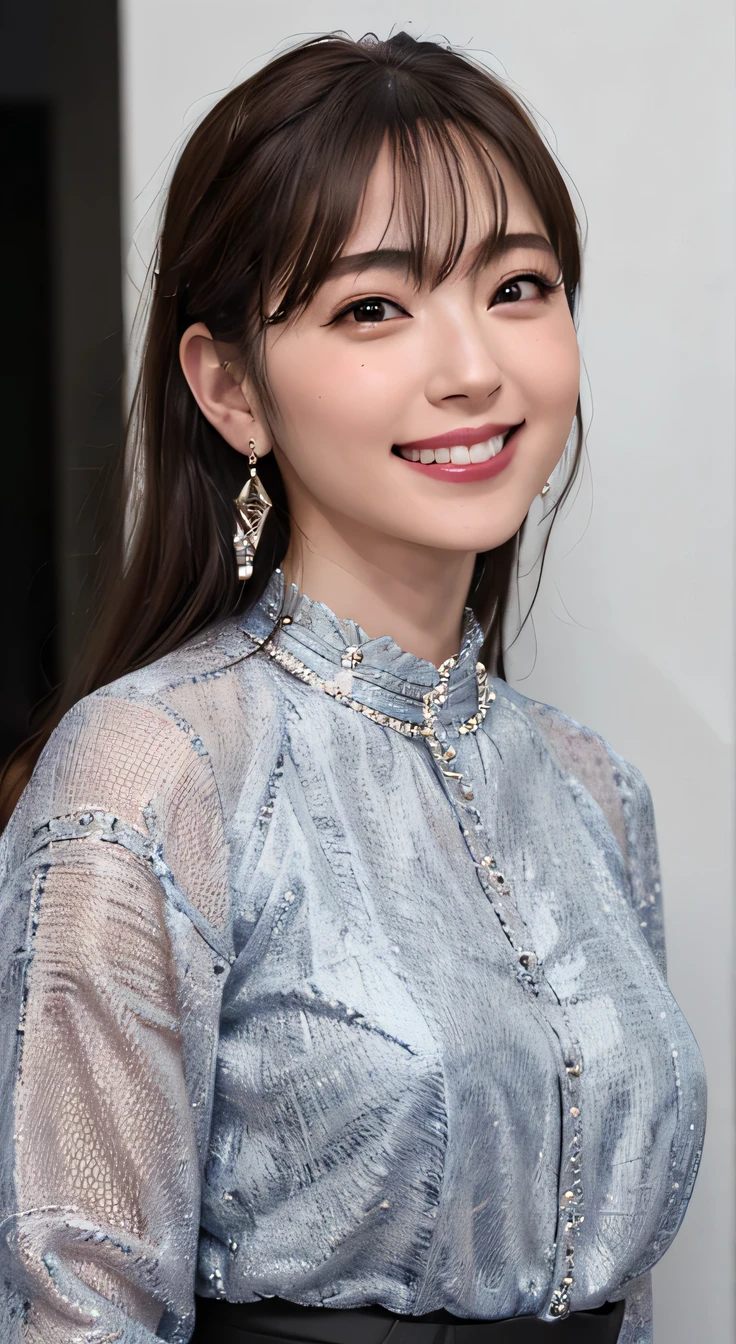 highest quality, whole body, masterpiece, dark eyebrows, ultra high resolution, realistic, very detailed, professional lighting smile, eagle nose, black hair、Dark Eyeliner Earrings、necklace around neck、shy smile、white teeth、open your mouth
