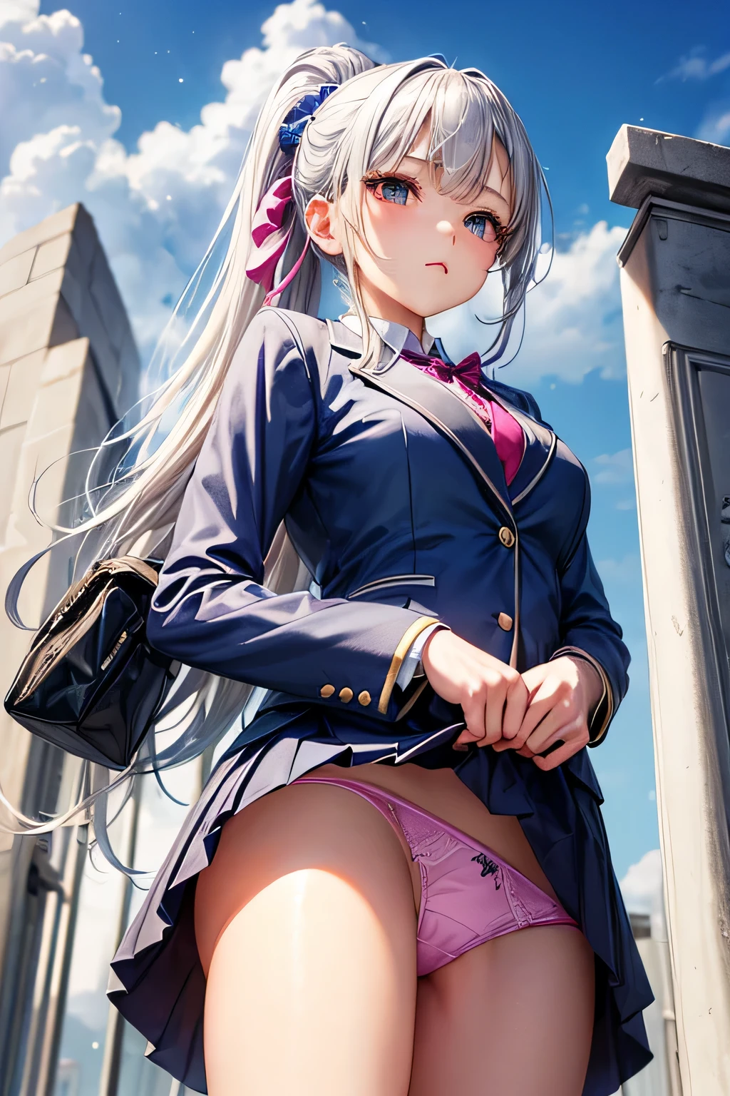 uniform、blazer、(((panty shot)))、Beautiful Girl Magician、silver hair upstyle、((whole body))、(((photo taken from below)))、school gate
