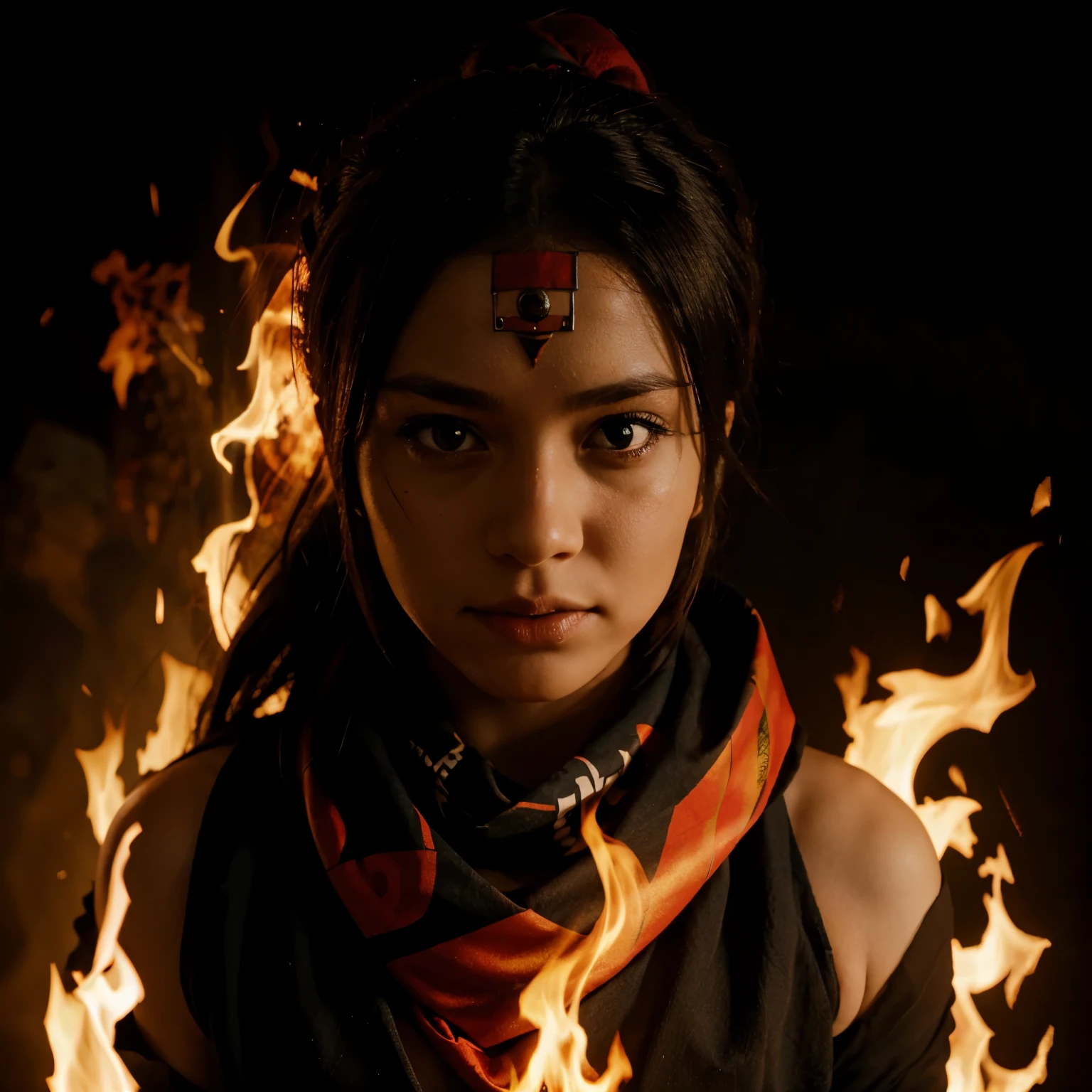 Human skull with fire on a black background and a red bandana on the forehead anime style