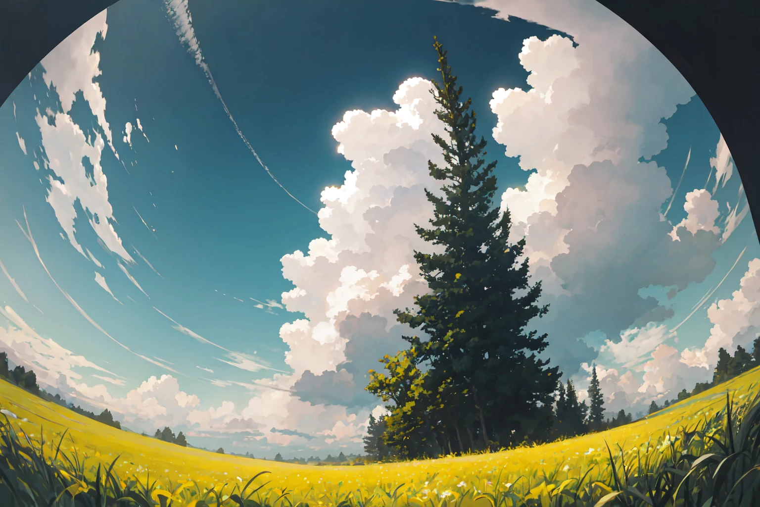 [grassfield | forest], cloudy sky, viewed from front, cinematic lighting, [fisheye::20]