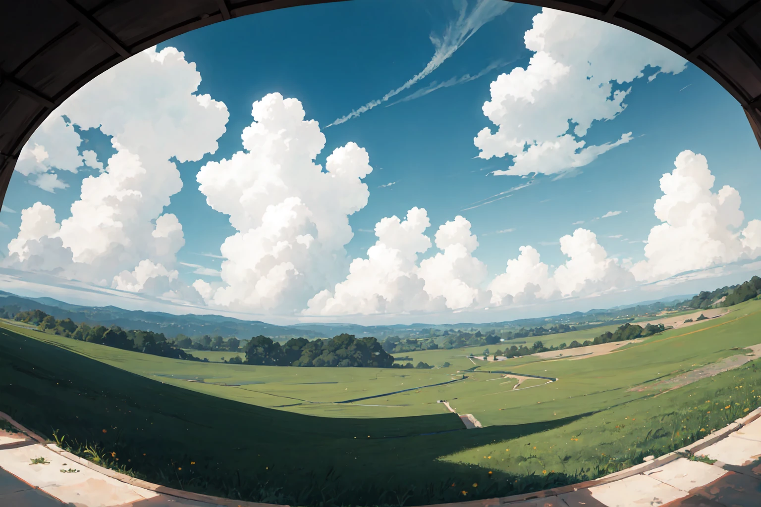 [grassfield | forest], cloudy sky, viewed from front, cinematic lighting, [fisheye::20]
