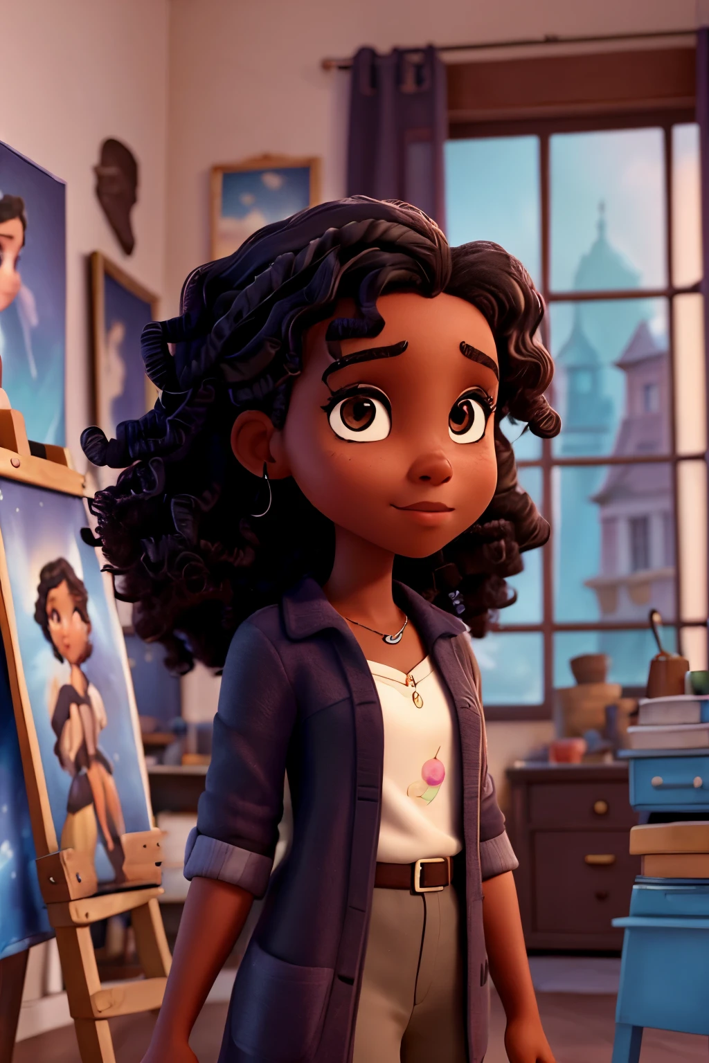 Couverture de film de style Disney, une fille noire aux yeux bruns, Dark-skinned and curly-haired man working to paint pictures and an art studio in the background