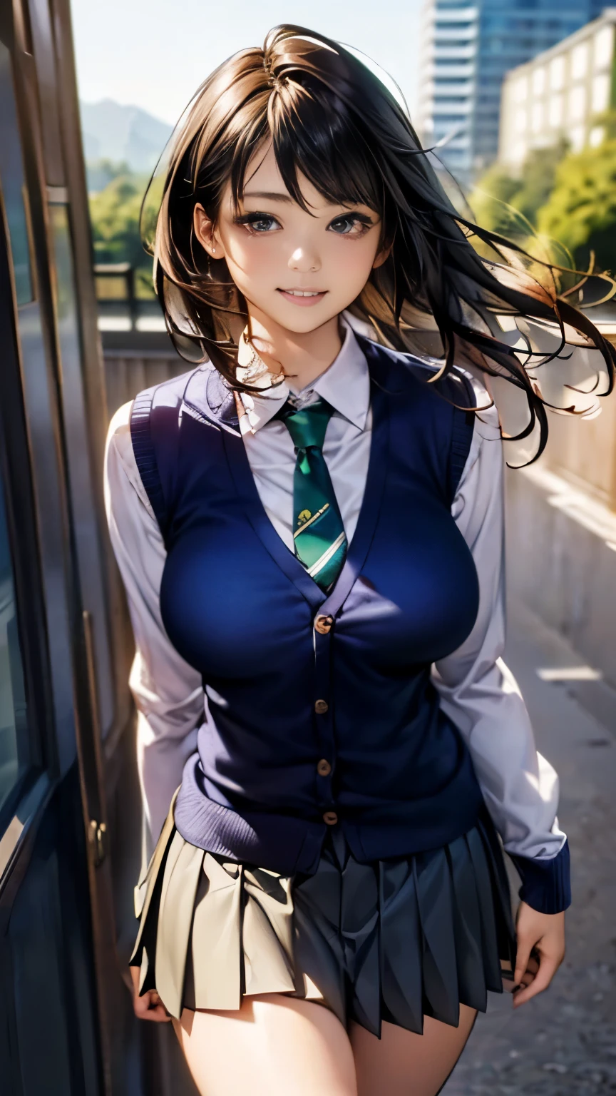 (masterpiece:1.2, highest quality), (realistic, photorealistic:1.4), beautiful illustrations, (natural side lighting, movie lighting),
looking at the viewer, cowboy shot, Front view:0.6, 1 girl, Japanese, high school girl, perfect face, Cute symmetrical face, shiny skin,
(semi-long:1.7, straight hair:1.5, side lock, black hair), parted bangs, emerald green eyes, long eyelash, (big breasts:0.9, thick thighs),
beautiful hair, beautiful face, detailed and beautiful eyes, beautiful clavicle, beautiful body, beautiful breasts, beautiful thighs, beautiful feet, beautiful fingers,
((white long sleeve collared shirt, gray pleated mini skirt, navy socks, brown loafers, Dark green tie, black cardigan vest)), pink panties,
(beautiful scenery), evening, riverside, walk, put your hand on your chest, (cute smile, upper eye),