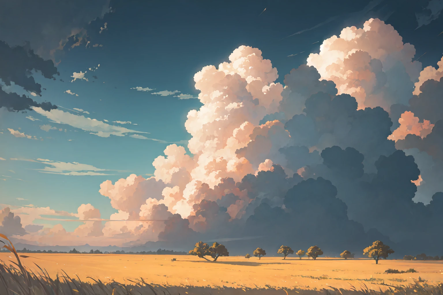 [grassfield | forest], cloudy sky, viewed from front, cinematic lighting, [fisheye:20]