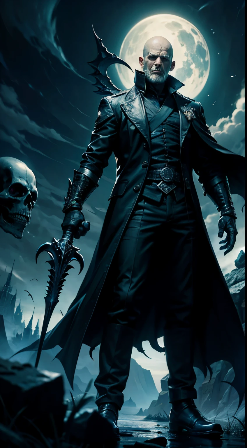 Ultra-high definition images: presents an 8K CG module intricately rendered with complex textures, where a man emerges with a solemn and sinister expression etched on his face. He brandishes a black sickle in his hand, adorned with intricate Japanese symbols of death. Dark, ominous flames erupt from the sickle's ornate handle, emitting an eerie and foreboding aura. An ominous black wind emanates from the sickle's edge, suggesting the presence of a formidable otherworldly power. The man's attire is impeccably tailored and reminiscent of the grim reaper, every