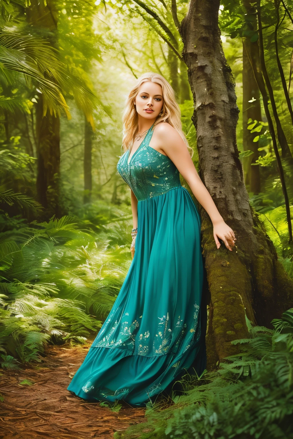 Beautiful blonde woman in a red dress, age: 28, Solo, Long wavy blonde hair cascading down her shoulders, Blue piercing eyes, adorned with jewelry, Full body, a necklace rested elegantly around her neck, Red velvet dress clung to her curvaceous figure, Aesthetic artwork of a lush forest served as the backdrop, Green leaves danced in the gentle breeze, Sunlight filtered through the canopy creating dappled patterns on the ground, Realistic image, expressing a sense of tranquility and allure.