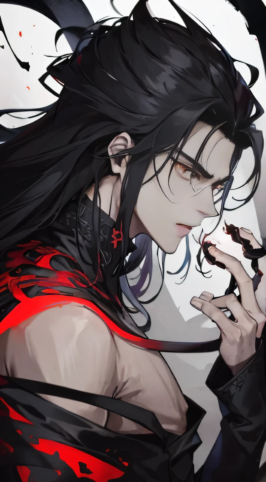 Ultra-high definition images: presents an 8K CG module intricately rendered with complex textures, where a man emerges with a solemn and sinister expression etched on his face. He brandishes a black sickle in his hand, adorned with intricate Japanese symbols of death. Dark, ominous flames erupt from the sickle's ornate handle, emitting an eerie and foreboding aura. An ominous black wind emanates from the sickle's edge, suggesting the presence of a formidable otherworldly power. The man's attire is impeccably tailored and reminiscent of the grim reaper, every