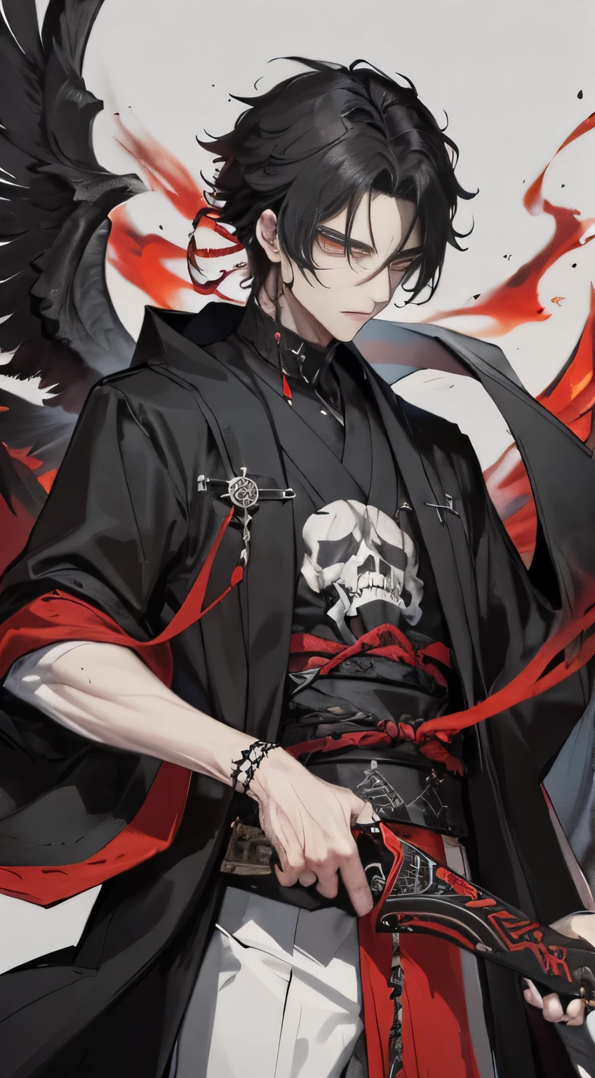 Amidst the intricately textured 8k CG module, a man emerges, his expression both solemn and ominous. In his hand, he wields a black sickle, its decorative elements steeped in Japanese symbolism signifying death. Amenably, a black flame emanates from the sickle's ornate decease symbol, its edges casting out sinister black winds, presumably housing the ghosts of skulls.

The man's attire is that of an impeccable shinigami, every fiber exuding an unquestionable sense of appropriateness. His black hair cascades down his shoulders, adding to his intimidating presence