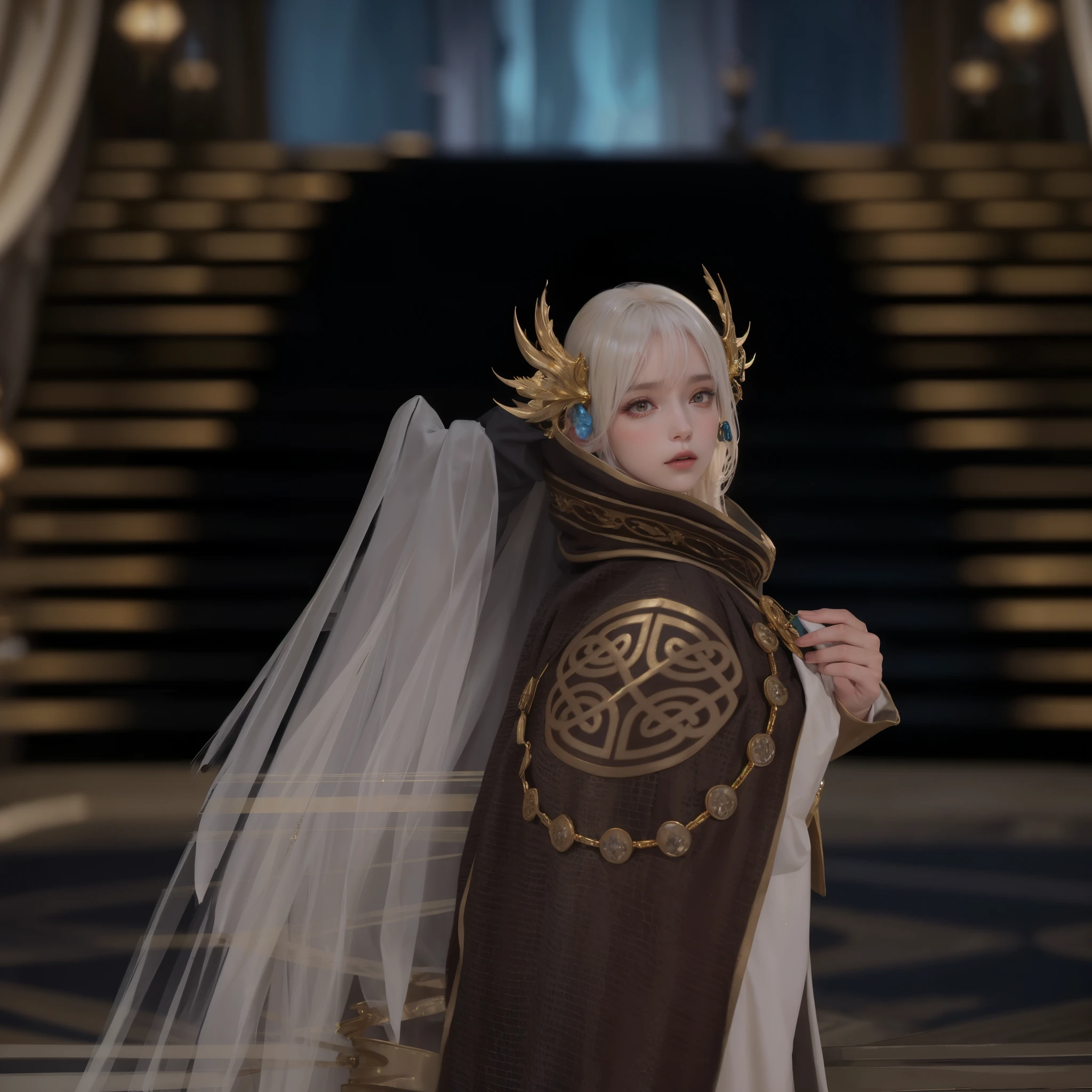 il y a une femme en costume qui tient une couverture, Golden and white coat, bel elfe avec des robes ornées, Porter un manteau luxueux, golden-white robes, White and gold priestess dresses, portant un luxueux manteau royal, Gold and white dresses, portant un luxueux manteau de soie, robes de mage des nuages, elegant cape, dressed like a cleric, Elegant cinematic pose