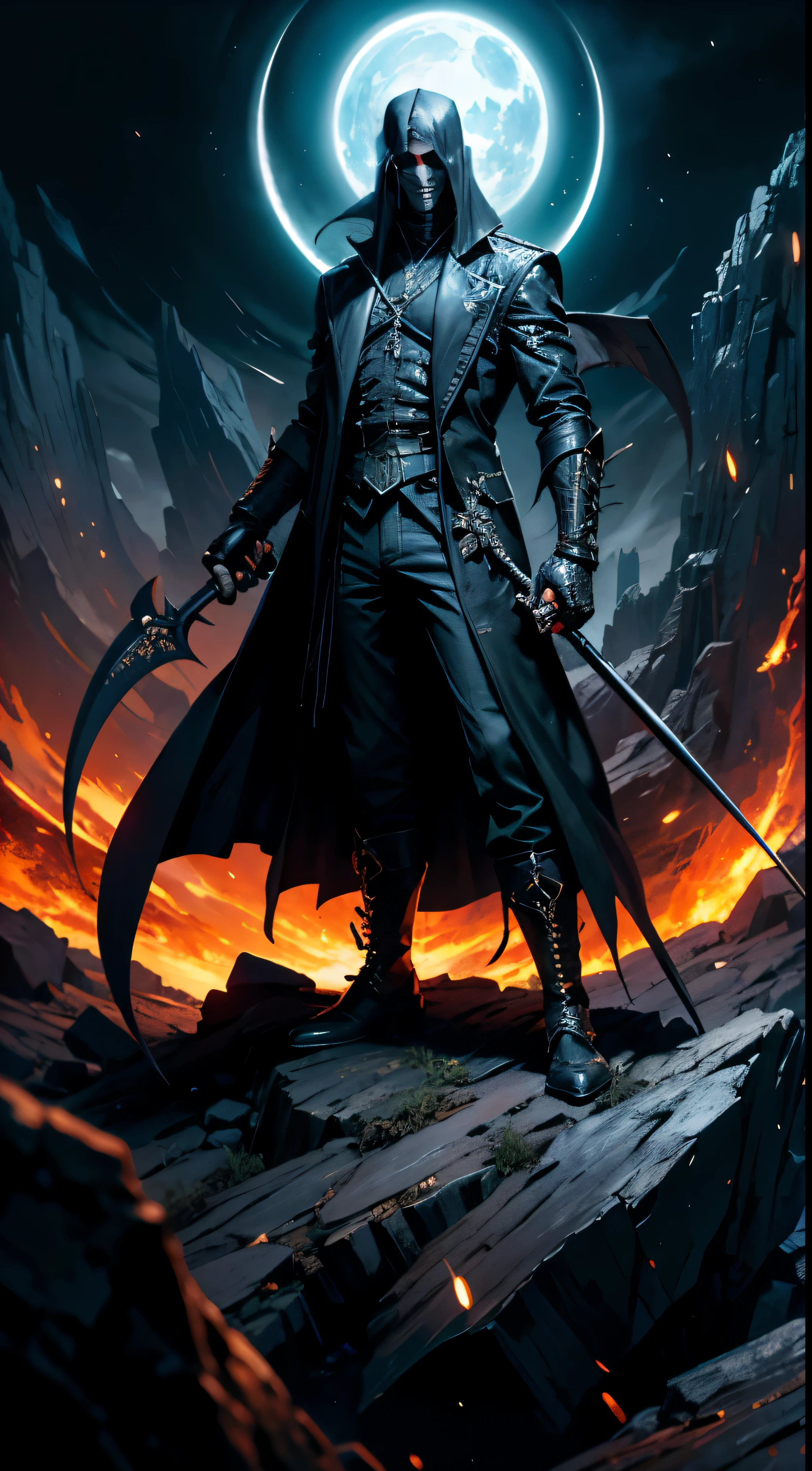 Homem de cabelo longo preto, cabelo preto, Cabelos longos amarrados, com um olho azul brilhante com veias negras, Use uma jaqueta preta longa, Like a blood hunter, Nas costas, ele carrega uma espada, He is engulfed in flames and is fighting various monsters of the night., encarnando uma dura batalha para proteger Barovia e seus habitantes. Anime dos anos 80 ainda, retro fashion, Dungeon and Dragons Personagem Dark Fantasy Arte Digital Muted Pastel Colors, muted retro colors, CRT TV Screen por Tsukasa Hojo e Toshihiro Kawamoto -