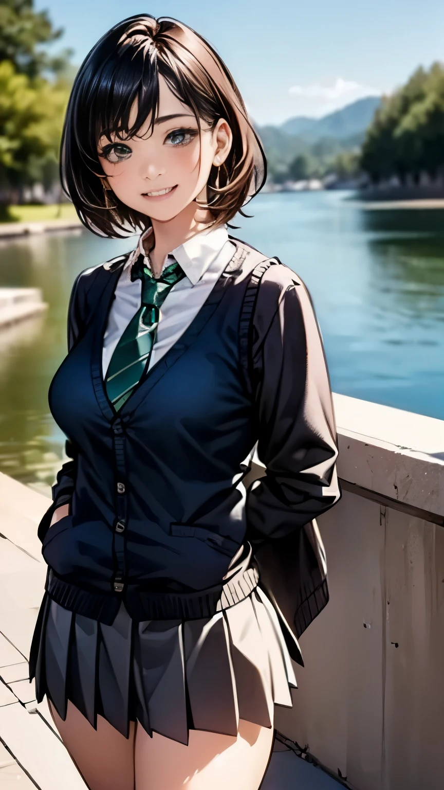 (masterpiece:1.2, highest quality), (realistic, photorealistic:1.4), beautiful illustrations, (natural side lighting, movie lighting),
looking at the viewer, cowboy shot, Front view:0.6, 1 girl, Japanese, high school girl, perfect face, Cute symmetrical face, shiny skin,
(short hair:1.7, straight hair:1.5, side lock, black hair), parted bangs, emerald green eyes, long eyelashes, (big breasts:0.9, thick thighs),
beautiful hair, beautiful face, fine and beautiful eyes, beautiful clavicle, beautiful body, beautiful breasts, beautiful thighs, beautiful feet, beautiful fingers,
((white long collar shirt, gray pleated mini skirt, navy socks, brown loafers, Dark green tie, black cardigan vest)), pink panties,
(beautiful scenery), evening, riverside, walk, put your hand on your chest, (cute smile, upper ),