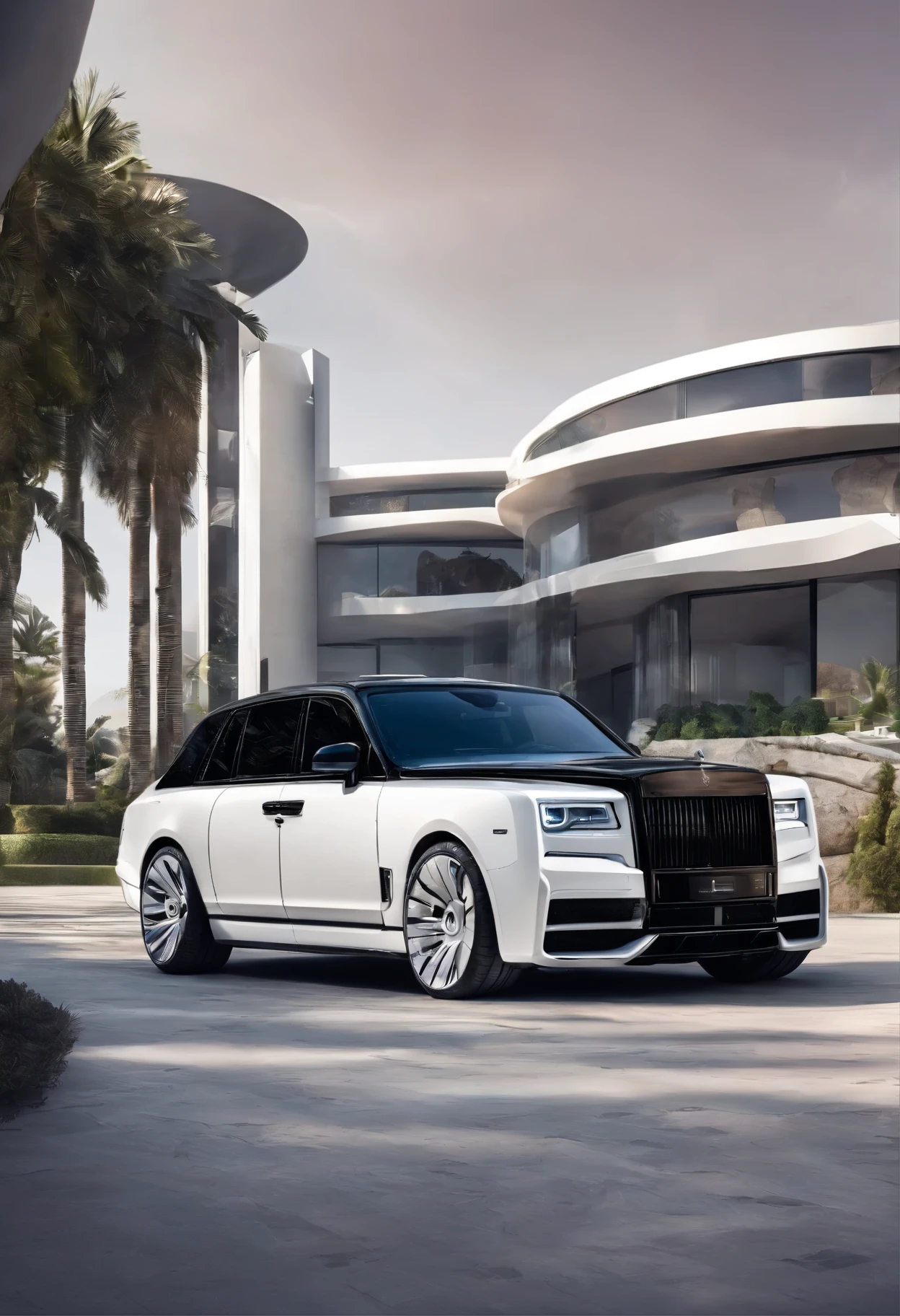 A white rolls royce and a black,g-wagon g63 parked,infront,of,a,futuristic,mansion.