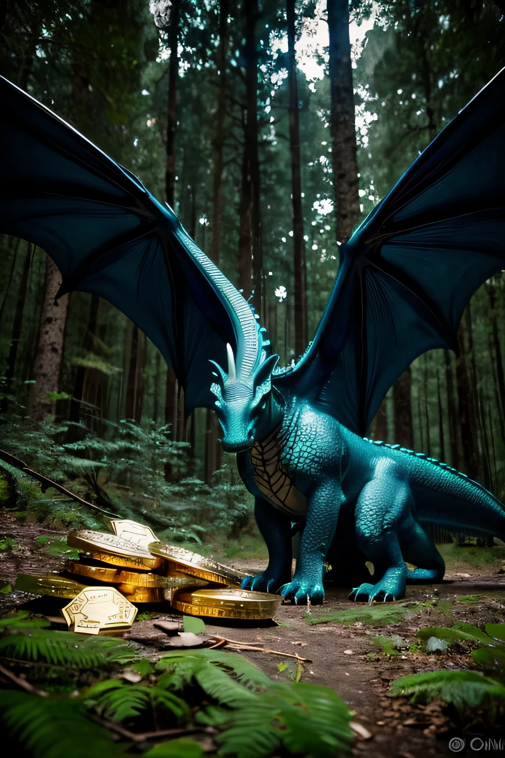 A majestic dragon, ((mythical creature)), ((hyperrealistic)) ,. Scales shimmering in different hues of emerald, azure and turquoise, dragon with shiny scales, Escamas que brillan en diferentes tonos de esmeralda, azul y turquesa, large wingspan of obsidian black, alas de gran envergadura de negro obsidiana, piercing emerald eyes, ojos esmeraldas penetrantes, furious expression, Furious expression, lying on a pile of gold and jewels, sobre una pila de oro y joyas, taken in a forest clearing, tomado