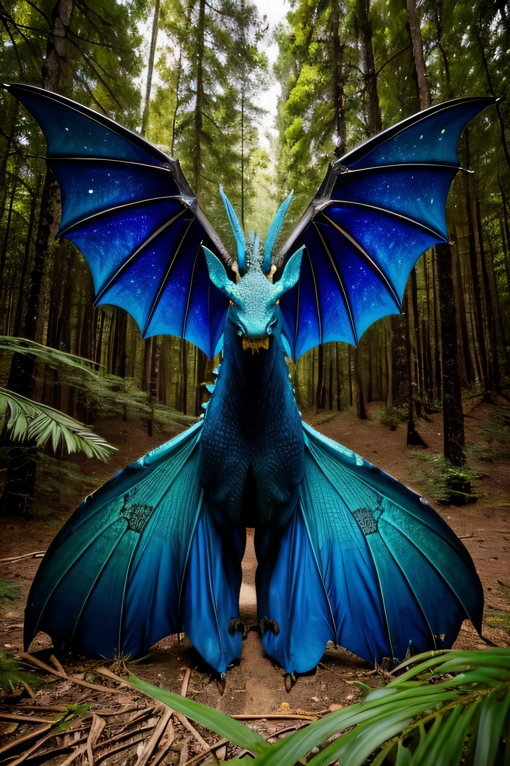 A majestic dragon, ((mythical creature)), ((hyperrealistic)) ,. Scales shimmering in different hues of emerald, azure and turquoise, dragon with shiny scales, Escamas que brillan en diferentes tonos de esmeralda, azul y turquesa, large wingspan of obsidian black, alas de gran envergadura de negro obsidiana, piercing emerald eyes, ojos esmeraldas penetrantes, furious expression, Furious expression, lying on a pile of gold and jewels, sobre una pila de oro y joyas, taken in a forest clearing, tomado