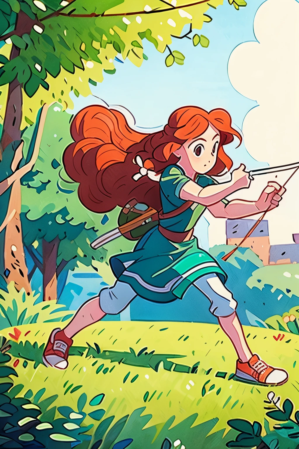 Girl, princess merida, long hair, curly hair, archery, dressed as a link, wearing nike sneakers panorama, front