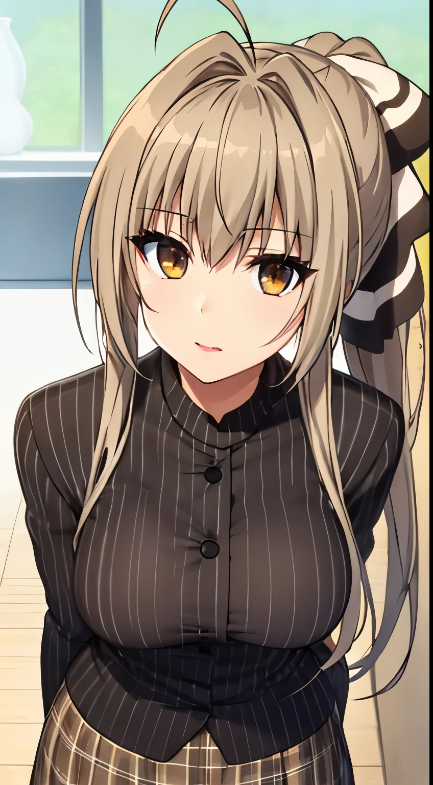 anime anime video,girl１people, １in people, Sento Isuzu, brown hair, long hair, antenna hair, ponytail, brown eyes, Pinstriped suit, skirt suit, big breasts,natural lip,skin luster,looking at the viewer, in the center of the image,Show up to your knees,１in people,
highest quality, High resolution, beautiful eyes, highly detailed face, Detailed CG, 