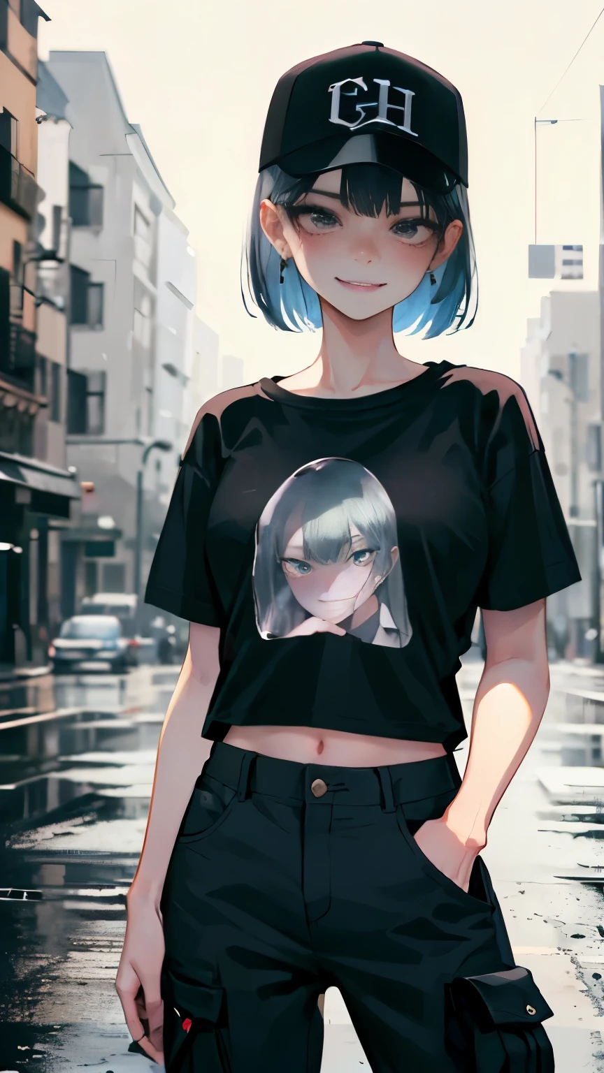super resolution,
(realistic:1.3),
(1 slim girl), stylish girl, fashion,
young face, blush, (evil smile),
(slim) thigh,
baseball cap, earrings,
(black t-shirt), (baggy cargo pants),
gravure,
Rainy streets