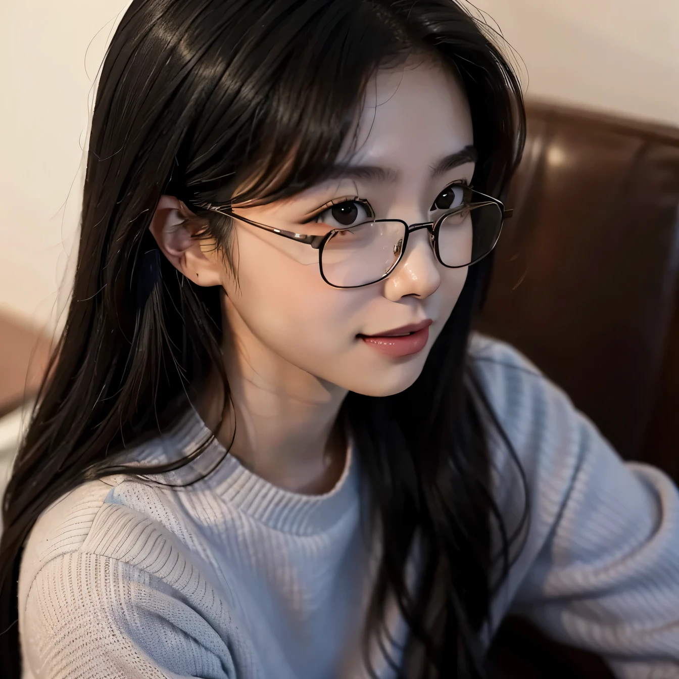 Close-up of a woman wearing Glasses sitting on a chair, long wavy black hair and Glasses, Glasses付き, Glassesをかけている, chinese girl, Glasses, wearing black Glasses, beautiful asian girl, wears small round Glasses, Ulzzang, young and cute girl, very beautiful girl, girl with Glasses, girl with Glasses、smile、beautiful teeth、