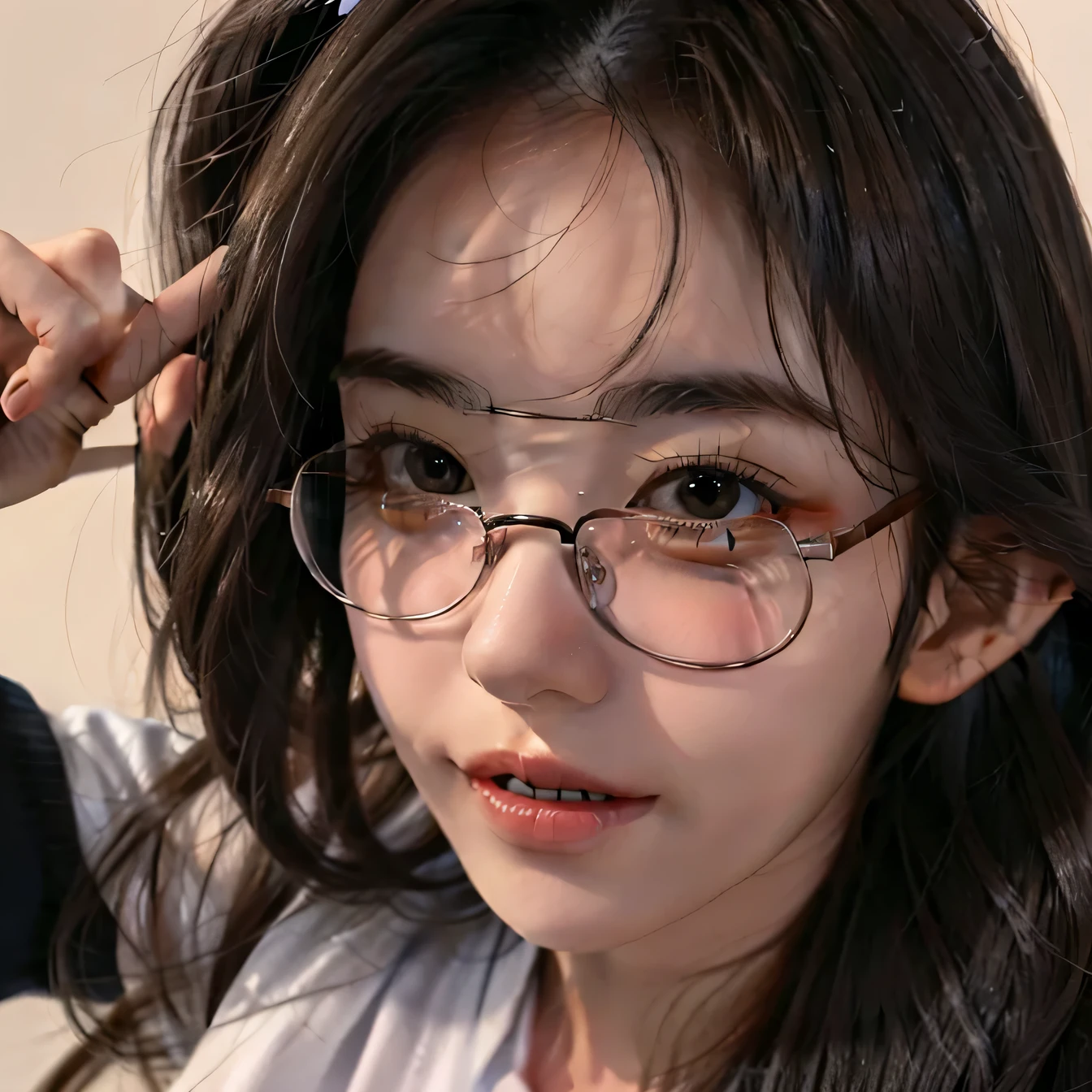 Close-up of a woman wearing Glasses sitting on a chair, long wavy black hair and Glasses, Glasses付き, Glassesをかけている, chinese girl, Glasses, wearing black Glasses, beautiful asian girl, wears small round Glasses, Ulzzang, young and cute girl, very beautiful girl, girl with Glasses, smile、beautiful teeth、