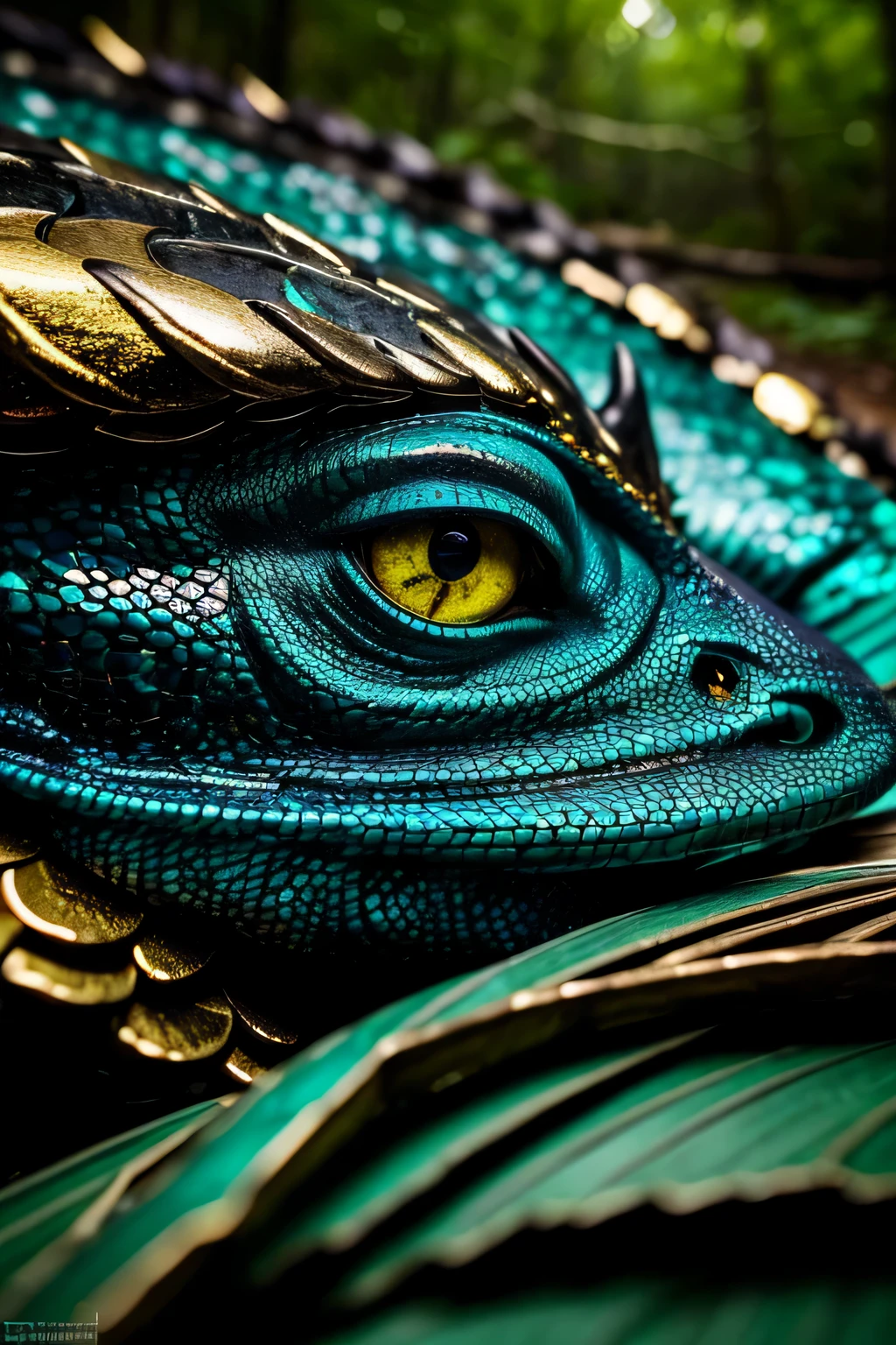 A majestic dragon, ((mythical creature)), ((hyperrealistic)) ,. Scales shimmering in different hues of emerald, azure and turquoise, dragon with shiny scales, Escamas que brillan en diferentes tonos de esmeralda, azul y turquesa, large wingspan of obsidian black, alas de gran envergadura de negro obsidiana, piercing emerald eyes, ojos esmeraldas penetrantes, furious expression, Furious expression, lying on a pile of gold and jewels, sobre una pila de oro y joyas, taken in a forest clearing, tomado