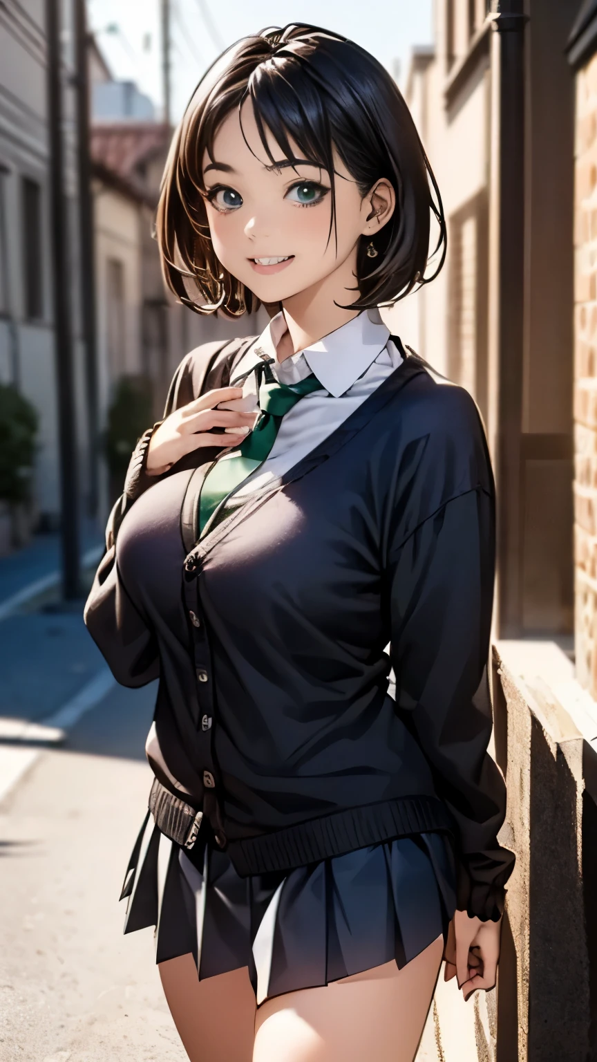(masterpiece:1.2, highest quality), (realistic, photorealistic:1.4), beautiful illustrations, (natural side lighting, movie lighting),
looking at the viewer, cowboy shot, Front view:0.6, 1 girl, Japanese, high school girl, perfect face, Cute symmetrical face, shiny skin,
(very short hair:1.7, straight hair:1.5, side lock, black hair), parted bangs, emerald green eyes, long eyelashes, (big breasts:0.9, thick thighs),
beautiful hair, beautiful face, fine and beautiful eyes, beautiful clavicle, beautiful body, beautiful breasts, beautiful thighs, beautiful feet, beautiful fingers,
((white long collar shirt, gray pleated mini skirt, navy socks, brown loafers, Dark green tie, black cardigan vest)), pink panties,
(beautiful scenery), evening, riverside, walk, put your hand on your chest, (cute smile, upper grade),