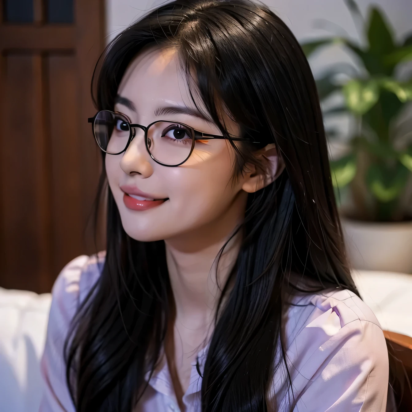 Close-up of a woman wearing Glasses sitting on a chair, long wavy black hair and Glasses, Glasses付き, Glassesをかけている, chinese girl, Glasses, wearing black Glasses, beautiful asian girl, wears small round Glasses, Ulzzang, young and cute girl, very beautiful girl, girl with Glasses, girl with Glasses、smile、beautiful teeth、