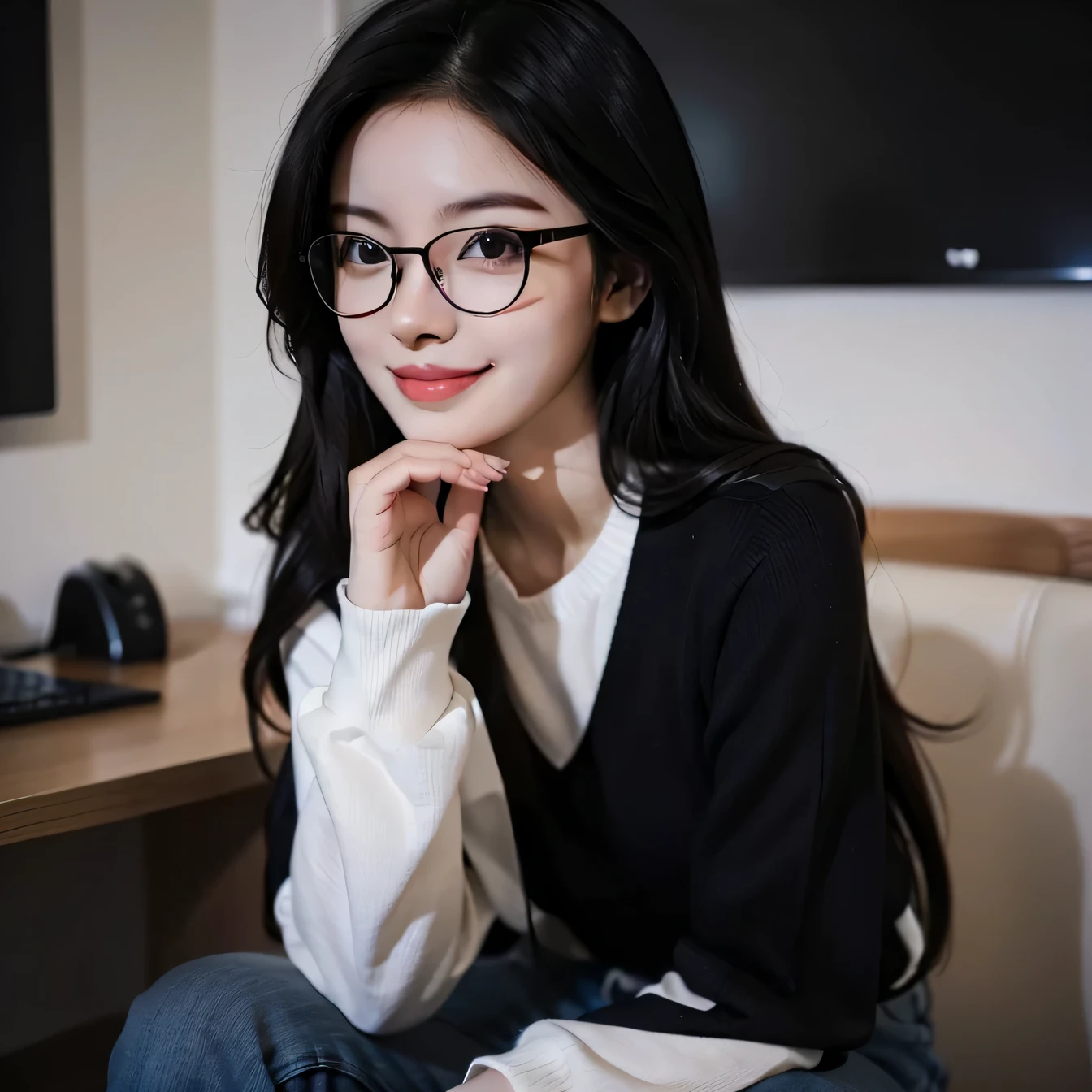 Close-up of a woman wearing Glasses sitting on a chair, long wavy black hair and Glasses, Glasses, wearing black Glasses, beautiful asian girl, wears small round Glasses, Ulzzang, young and cute girl, very beautiful girl, girl with Glasses, girl with Glasses、smile、beautiful teeth、Glasses are misaligned