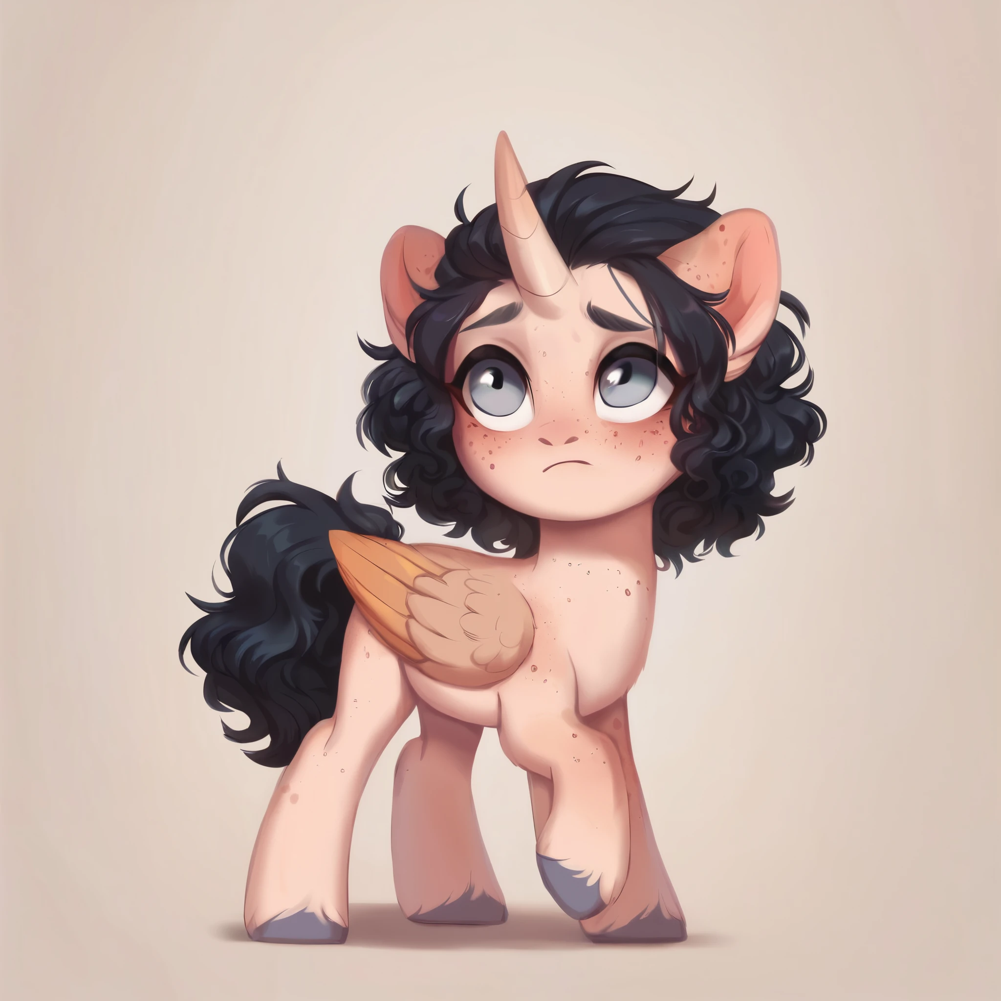 score_9, score_8_up, score_7_up, score_6_up, score_5_up, score_4_up, feral pony, female pony body, show accurate, light white skin, black hair, messy hair, curly hair, wavy hair, short hair, grey eyes, blind eyes, lost look, adorable face, pegasus wings, wings of the same skin color, unicorn horn, horn of the same skin color, horn in the center of the forehead, alicorn, freckles on the body, freckles on the face, full body, simple background,