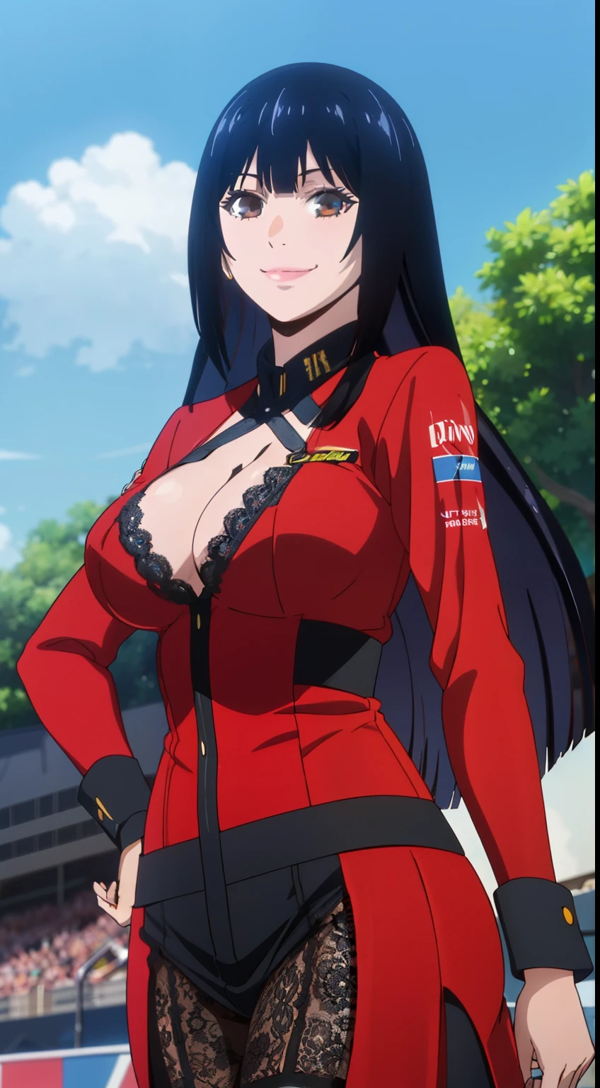 Super high quality CGI animation 8k, very detailed, Digital Art Painting, 1 girl, Happy, smile, looking at the viewer, blunt bangs blunt ends princess cut bangs, black hair, very long hair, big breasts, clothing_lace queen,F1 Racing,blue sky,sexy pose,