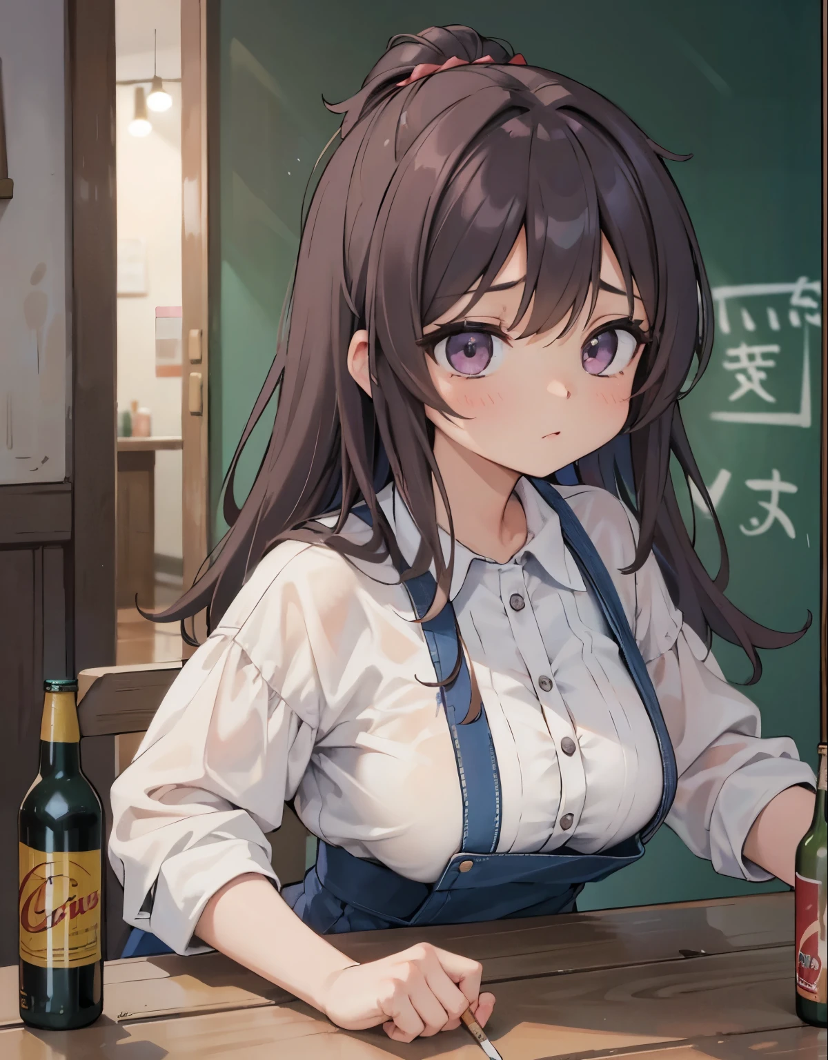 masterpiece, best quality, very aesthetic, absurdres, newest, 1girl, solo, long hair, looking at viewer, blush, ,drunk, open mouth, brown hair, short sleeves, holding, sitting, purple eyes, hair ornaments, sweat, shirt, table, bottle, sake bottle