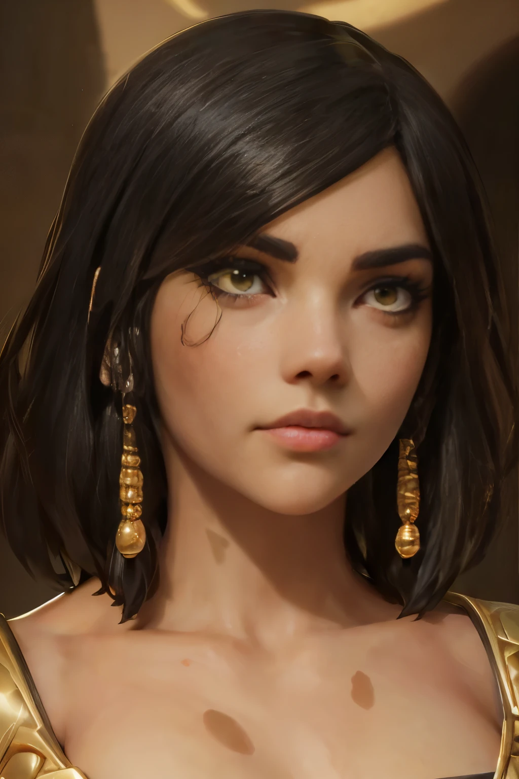 hyper realistic portrait shot of a beautiful egyptian queen, looking down proudly on the camera with her (expressive yellow eyes), tanned skin tone , thin nose, thick kissable parted lips , (black blunt bob hair with braided bangs), golden accessories and jewelries , (thick eyeliner), (eye makeup),