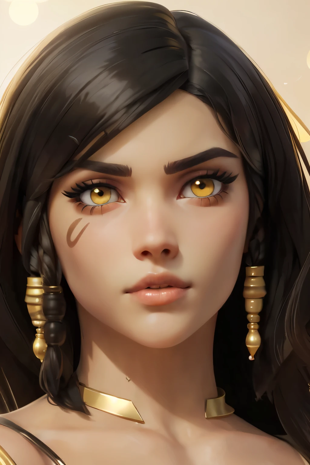 hyper realistic portrait shot of a beautiful egyptian queen, looking down proudly on the camera with her (expressive yellow eyes), tanned skin tone , thin nose, thick kissable parted lips , (black blunt bob hair with braided bangs), golden accessories and jewelries , (thick eyeliner), (eye makeup),