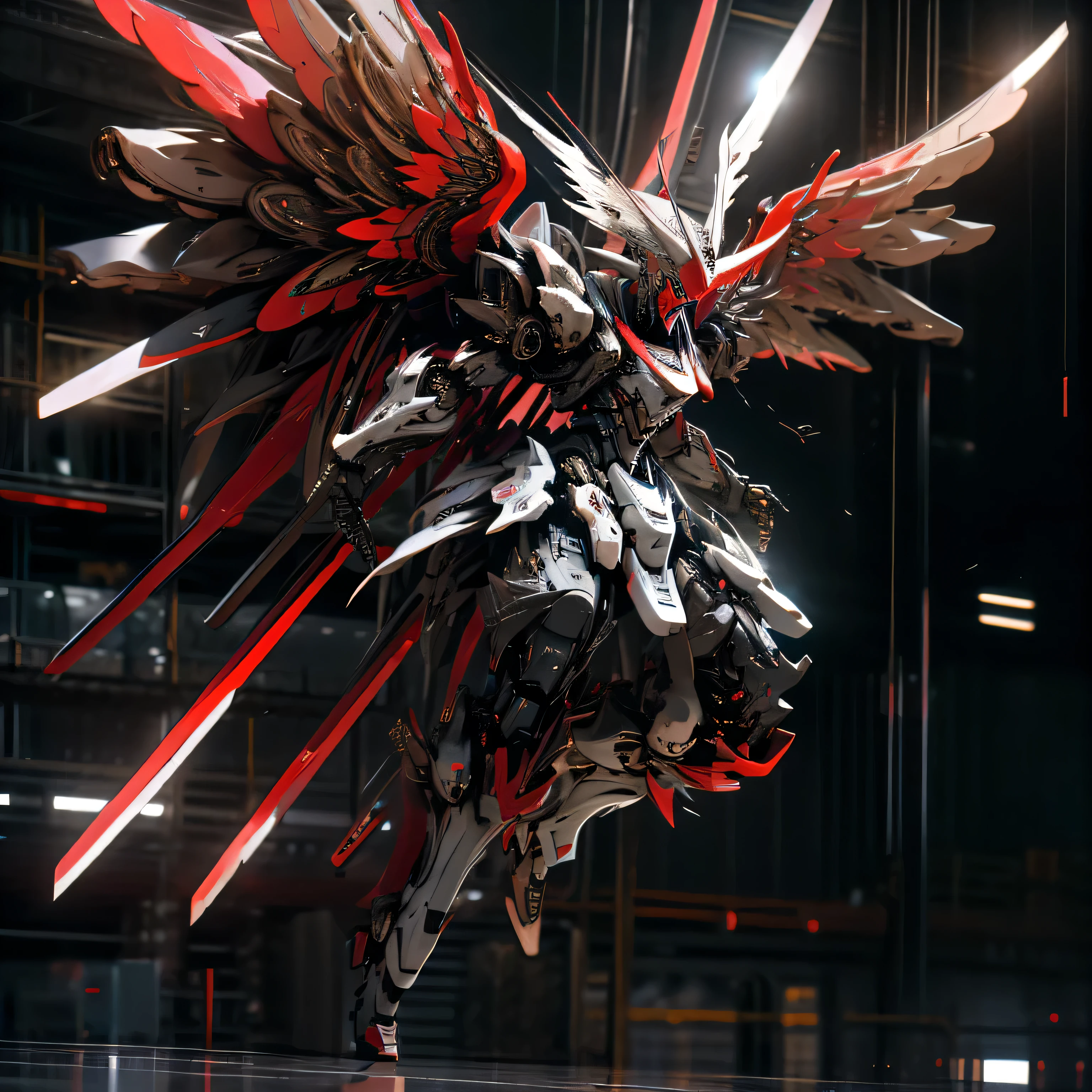 robot, black and red, meca wings behind, holding weapons, 4k, high quality, high resolution.