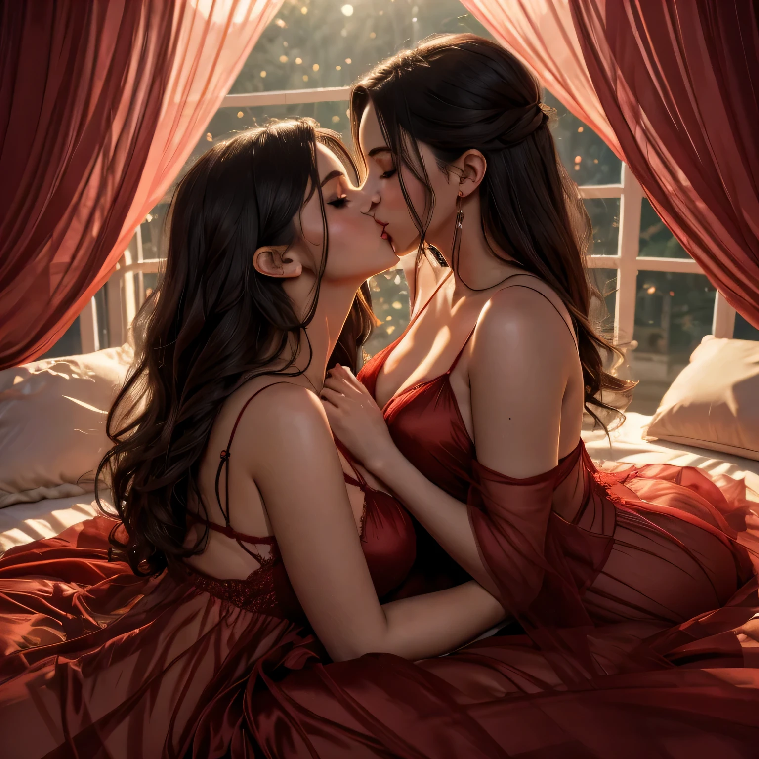 two girl kissing, see her ass,(bright lighting,romantic setting),dreamy background,,dark hair, mesmerizing gaze, , soft skin, alluring beauty, artistic portrait, high-quality image, vibrant colors,translucent red long silk gown, mosquito net, lying down, romantic bedroom