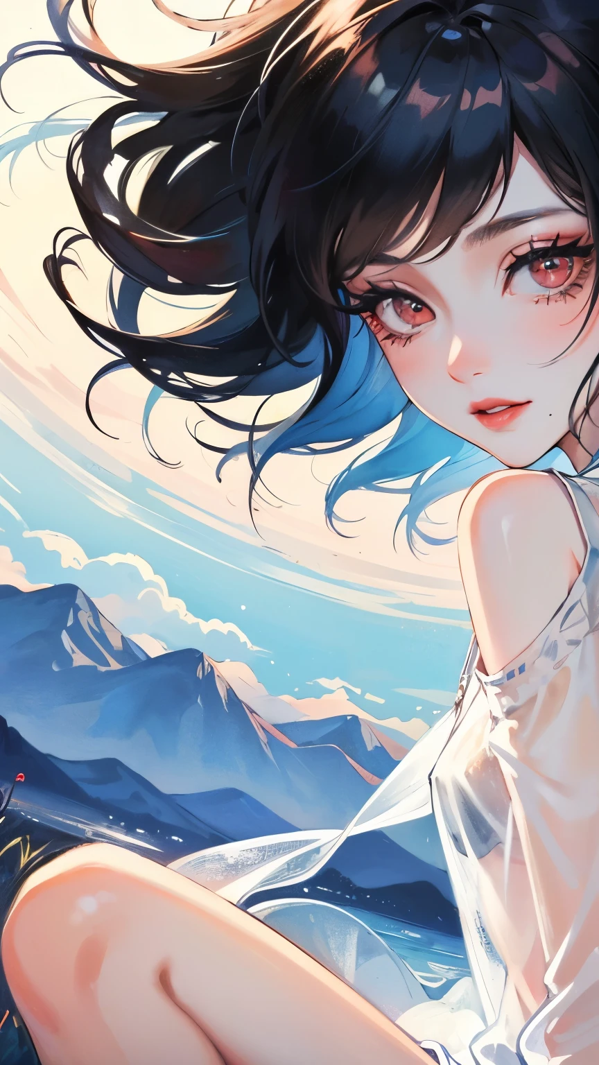 young girl　black hair　short hair　red eyes　irreverent face　look down　thin body　thin thighs　small breasts　small ass　toned body　blue sky　cloud　hair blowing in the wind　high quality　High resolution　8K　vampire　watercolor　natural feel　bridge of the nose　((最high quality)), ((masterpiece)), (get used to it), dignified face　grassland　close up of face　Beautiful as a goddess　whole face　lipstick　eye shadow　naked 　ID photo style　long eyelashes　Accurate　No decoration　Bare skin　　No accessories　　8 life size　can&#39;I can&#39;　landscape　painting　See-through　creative　landscape