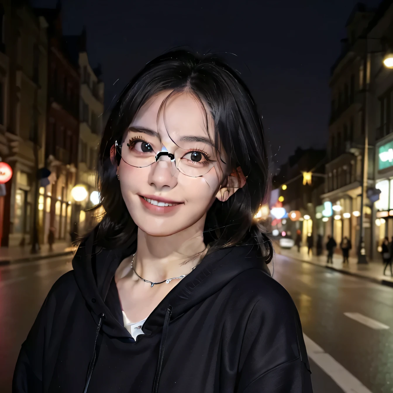 ((highest quality、8K、masterpiece:1.3))、self snap、beautiful woman with perfect figure:1.4、、hoodie、black hair、smile、beautiful teeth、necklace around neck、ear piercing、dark eyeliner、in the street、Highly detailed face and skin texture、detailed eye、double eyelid、laughter:1.5、Glasses、Full body Esbian