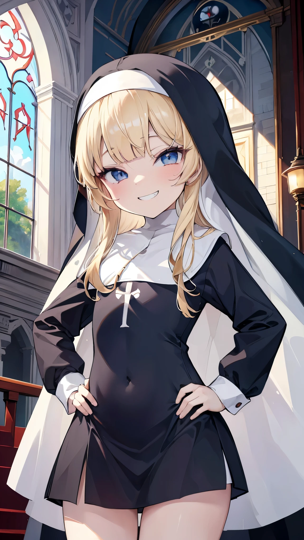 (8K、Highest image quality、highest quality、masterpiece)、detailed face、((one loli))、blonde、long hair、blunt bangs、light blue eyes、evil smile、((grin))、small breasts、((nun))、cowboy shot、put your hands on your hips、church background