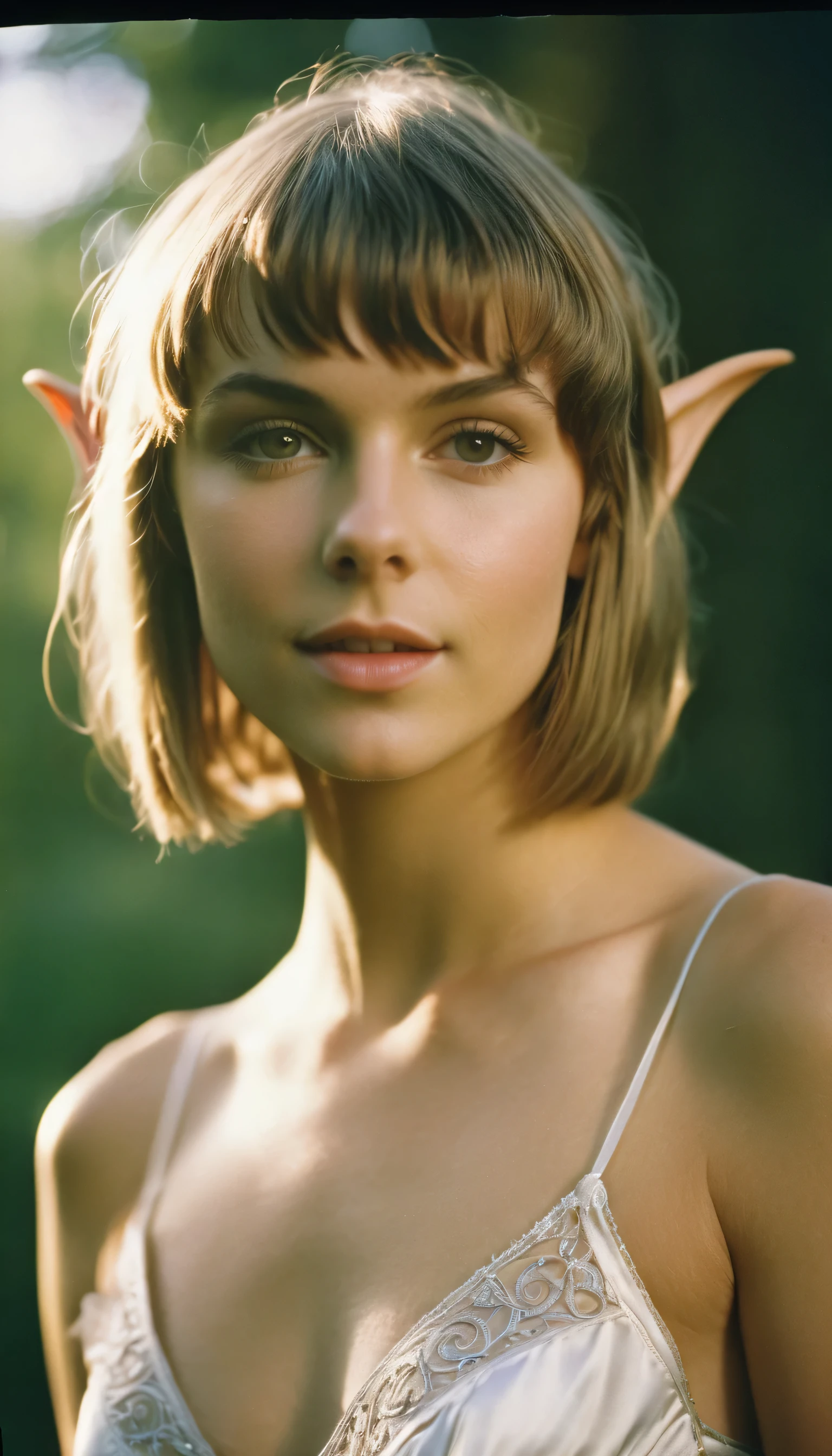 analog film photo, photo of a elven girl, mid-twenties, (vintage undergarments:1.1), elf, elf ears, long pointy ear tips, shaggy bob haircut, light-brown sun-tanned skin, sweaty, pretty, natural beauty, resembles Taylr Swift, RAW Photograph, dslr, soft lighting, high quality, film grain, Fujifilm XT3, detailed skin with visible pores, insane details, masterpiece, 8k, 35mm photograph, dslr, kodachrome, faded film, desaturated, 35mm photo, grainy, vintage, Kodachrome, Lomography, stained, highly detailed, found footage, close-up shot, elven ears