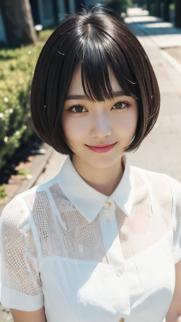 （Ultra high definition）（masterpiece）（textured skin）（very detailed）（high quality）（最high quality）（first person perspective）(16k ),woman,(upper shot),white dress shirt,smile,blunt bangs bobcut,Taking a walk,black hair

