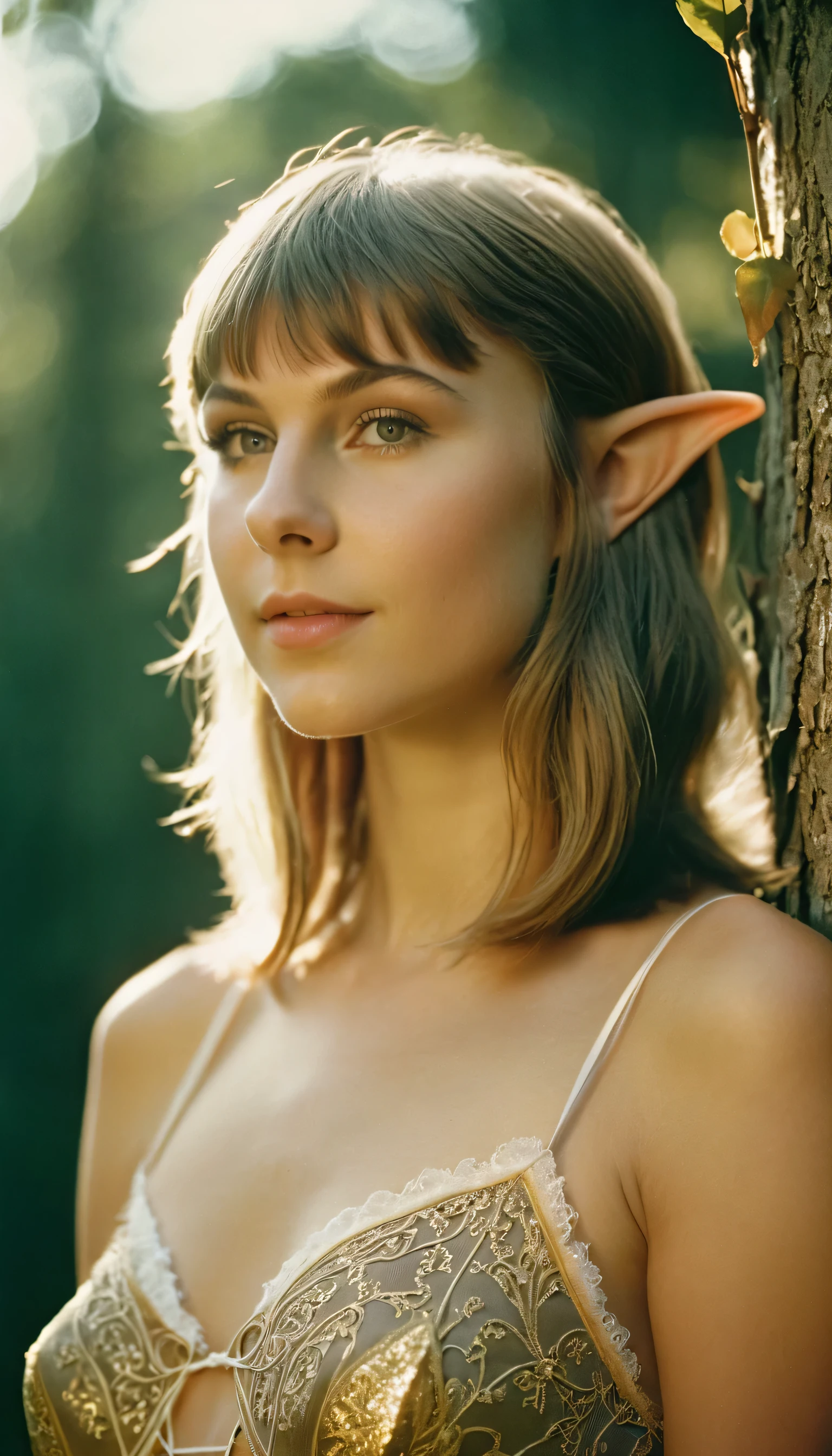 analog film photo, photo of a elven girl, mid-twenties, (vintage undergarments:1.1), elf, elf ears, long pointy ear tips, shaggy bob haircut, light-brown sun-tanned skin, sweaty, pretty, natural beauty, resembles Taylr Swift, RAW Photograph, dslr, soft lighting, high quality, film grain, Fujifilm XT3, detailed skin with visible pores, insane details, masterpiece, 8k, 35mm photograph, dslr, kodachrome, faded film, desaturated, 35mm photo, grainy, vintage, Kodachrome, Lomography, stained, highly detailed, found footage, close-up shot, elven ears