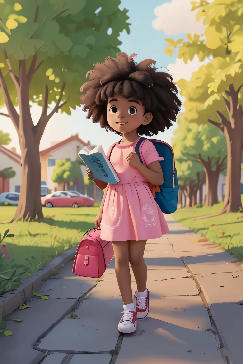 KIDS ILLUSTRATION de 9 anos, afrodescendente, rosto arredondado, cabelos crespo preto solto na altura do ombro, 35kg e 1,35m, evangelical, with dress and pink sneakers, com mochila, holding a bible in his hand , caminhando na rua arborizada com casas