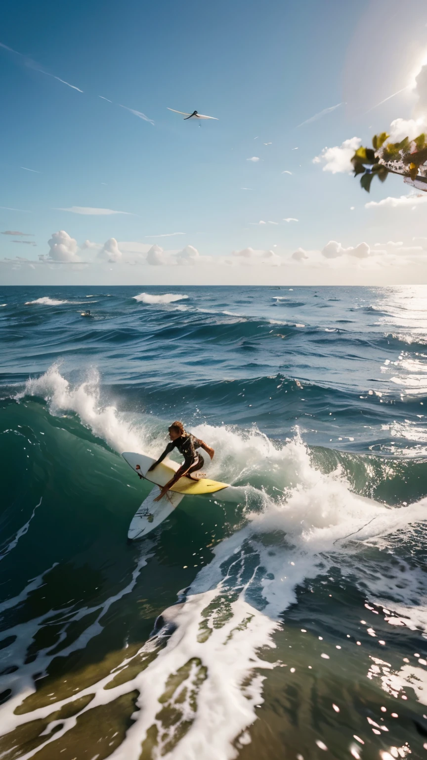 Une perruche de race Callopsite sur le dos d’une tortue de terre en train de surfer sur une vague. in cartoon mode