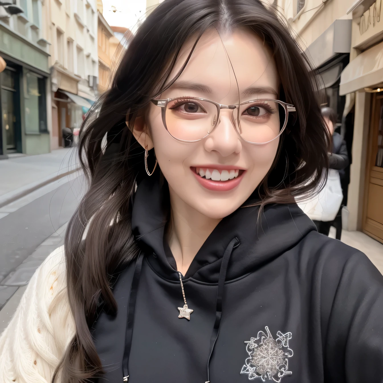 ((highest quality、8K、masterpiece:1.3))、self snap、beautiful woman with perfect figure:1.4、、hoodie、black hair、smile、beautiful teeth、necklace around neck、ear piercing、dark eyeliner、in the street、Highly detailed face and skin texture、detailed eye、double eyelid、laughter:1.5、Glasses、Full body Esbian