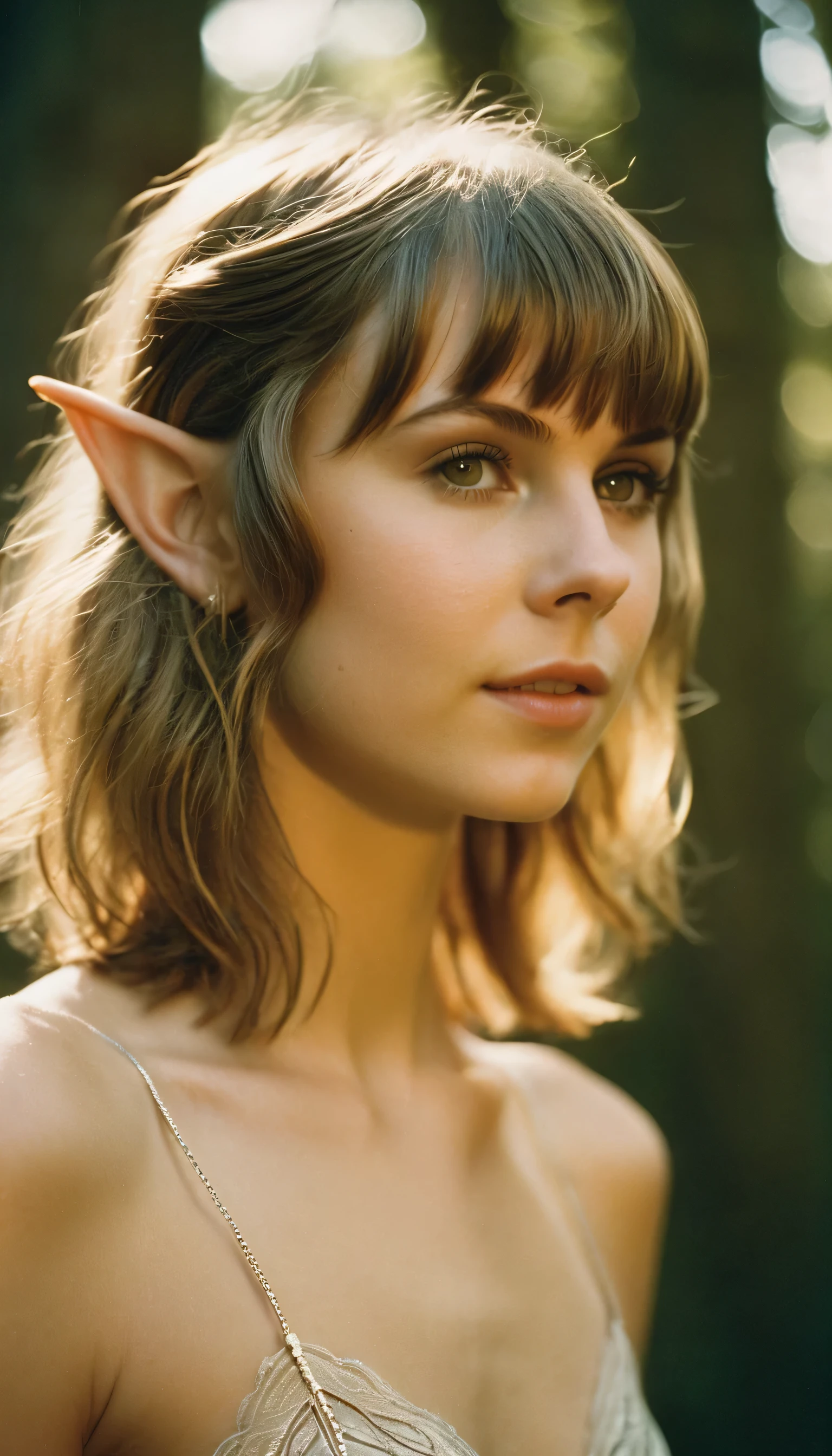 analog film photo, photo of a elven girl, mid-twenties, (vintage undergarments:1.1), elf, elf ears, long pointy ear tips, shaggy bob haircut, light-brown sun-tanned skin, sweaty, pretty, natural beauty, resembles Taylr Swift, RAW Photograph, dslr, soft lighting, high quality, film grain, Fujifilm XT3, detailed skin with visible pores, insane details, masterpiece, 8k, 35mm photograph, dslr, kodachrome, faded film, desaturated, 35mm photo, grainy, vintage, Kodachrome, Lomography, stained, highly detailed, found footage, close-up shot, elven ears